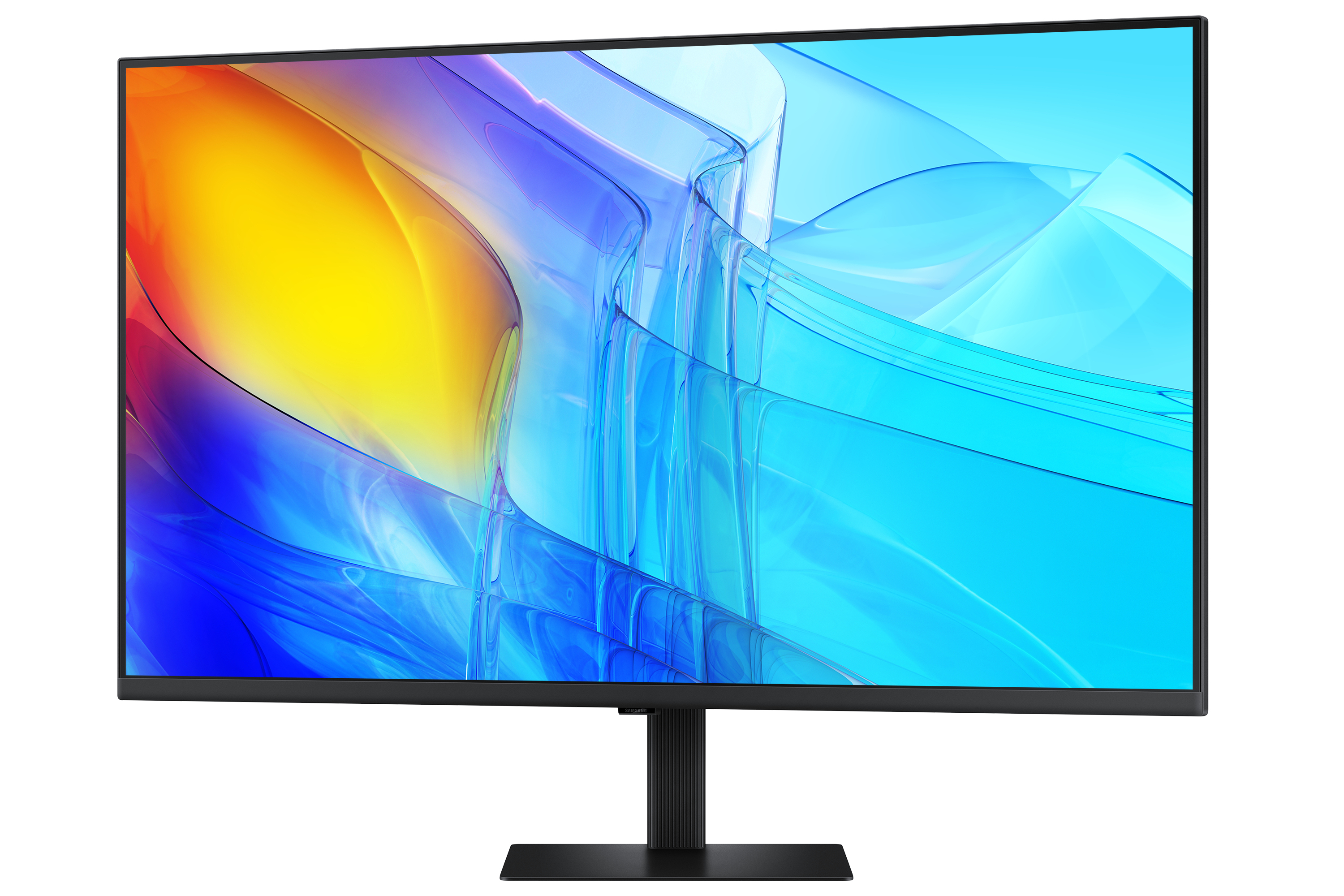 Monitor komputera wyświetla abstrakcyjny obraz z żółtymi, niebieskimi i pomarańczowymi odcieniami na białym tle.