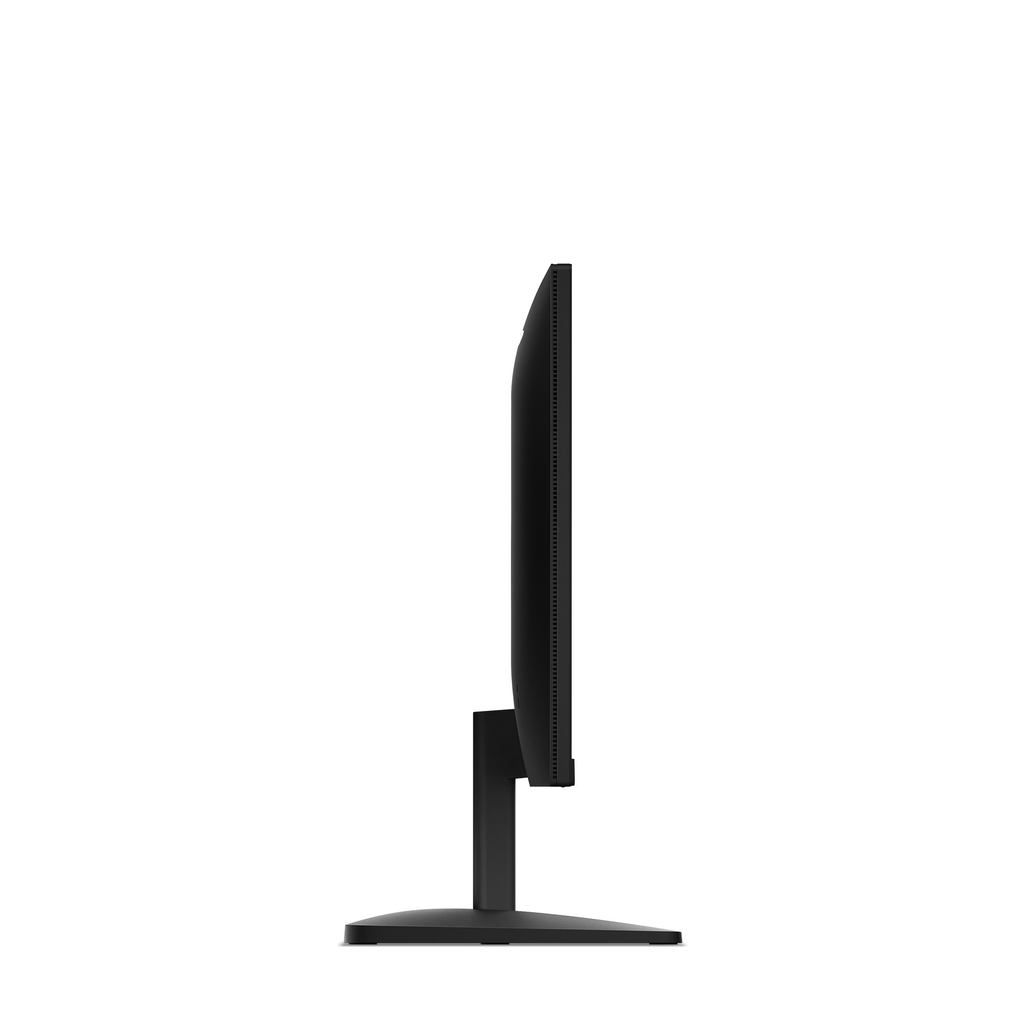 Un monitor di computer nero visto di lato. Si trova su un supporto nero su sfondo bianco.