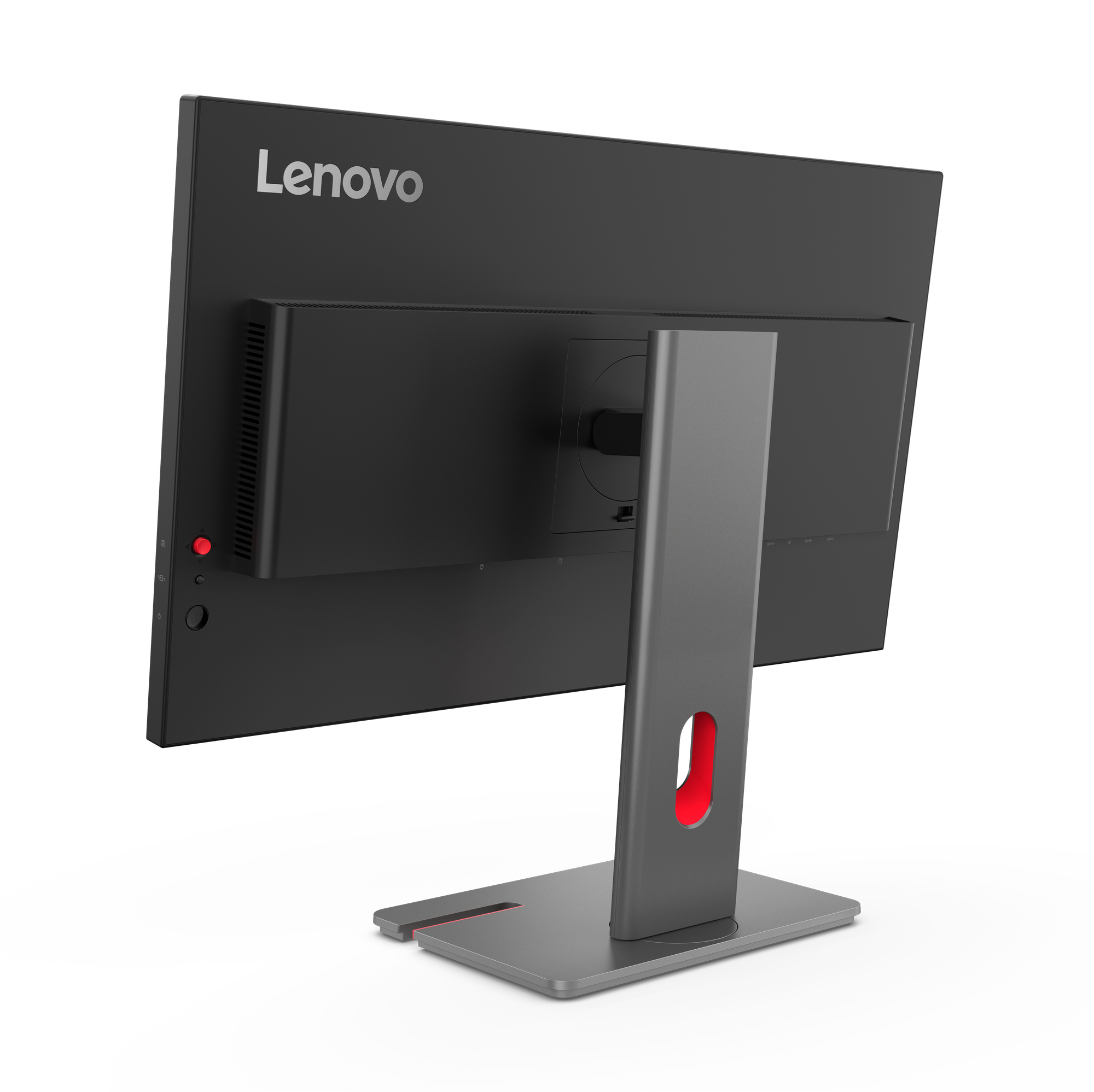 Widok z tyłu czarnego monitora Lenovo. Ma szarą podstawę z czerwonym akcentem. Białe tło.