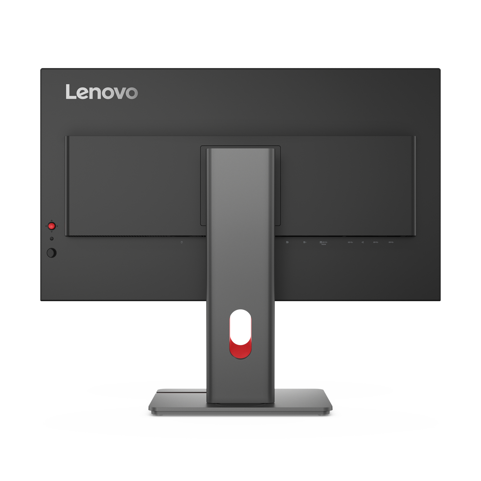 Widok z tyłu czarnego monitora Lenovo. Posiada podstawkę z czerwonym akcentem, przycisk zasilania i porty.