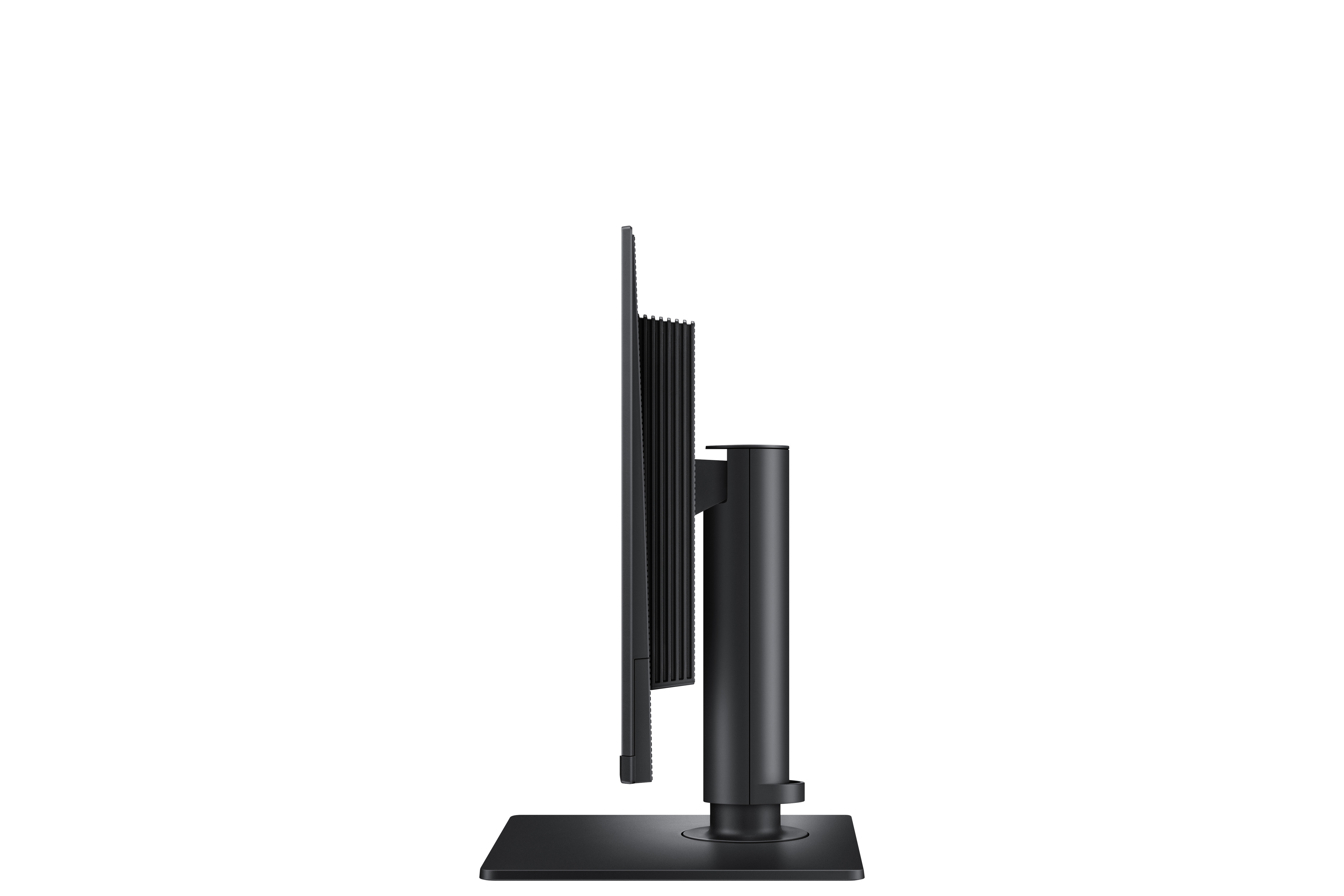 Un monitor del computer nero è visto di lato. Si trova su una base nera, lo schermo è rettangolare.