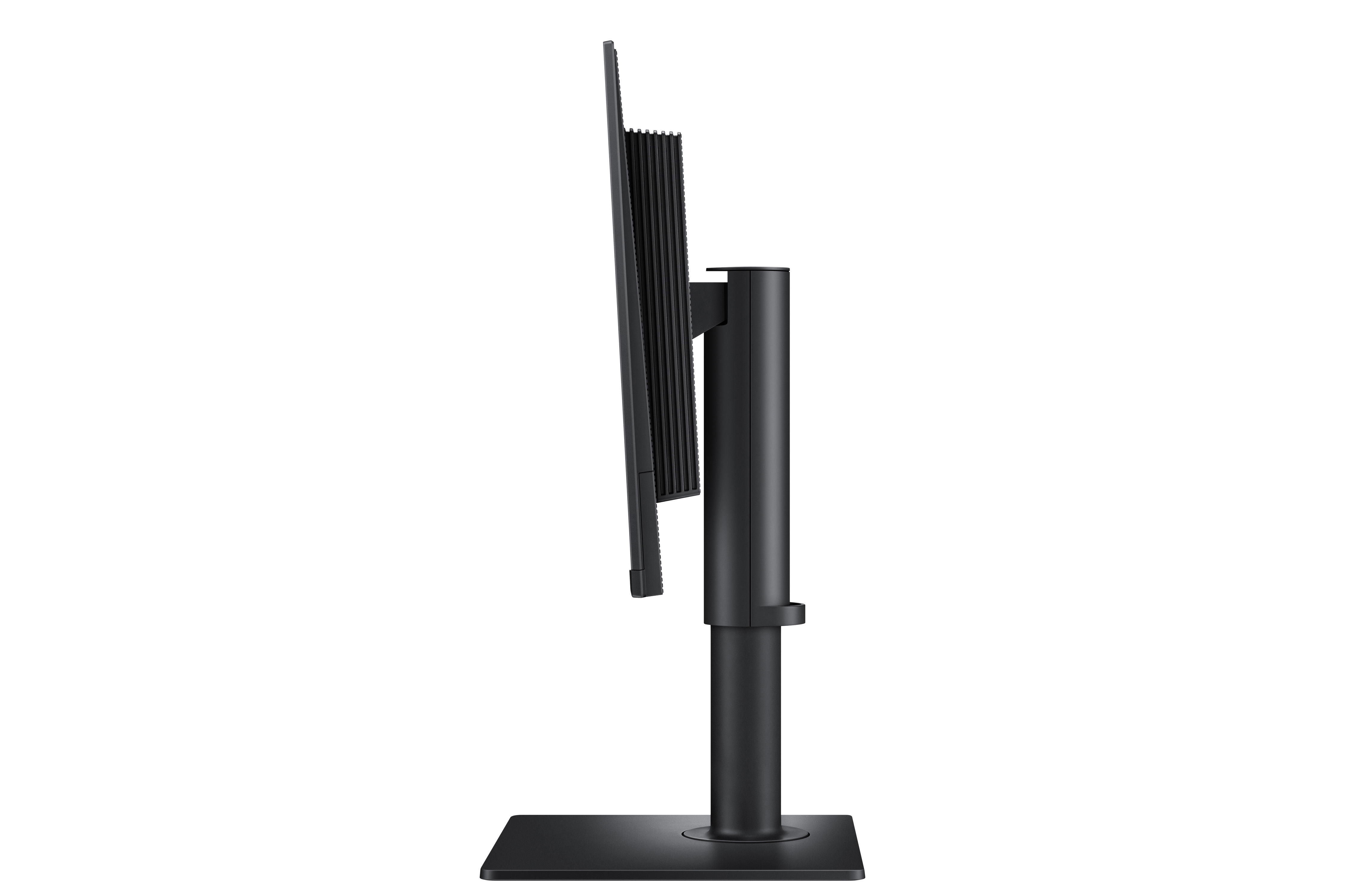 Un monitor per computer nero, vista laterale, montato su un supporto su sfondo bianco.