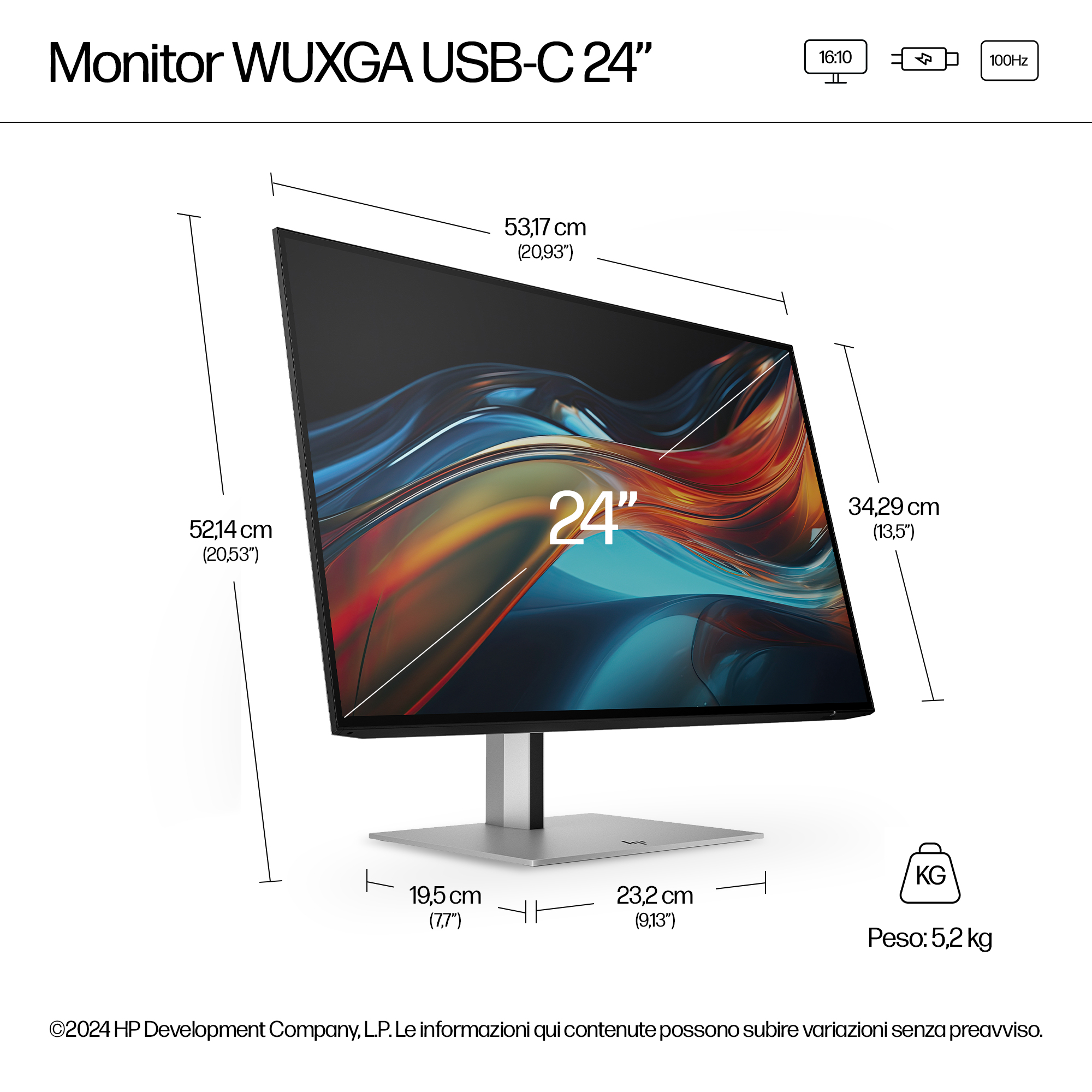 Un monitor da 24 pollici con dimensioni. Ha un supporto argentato. Lo schermo mostra arte astratta colorata. Le specifiche sono elencate.