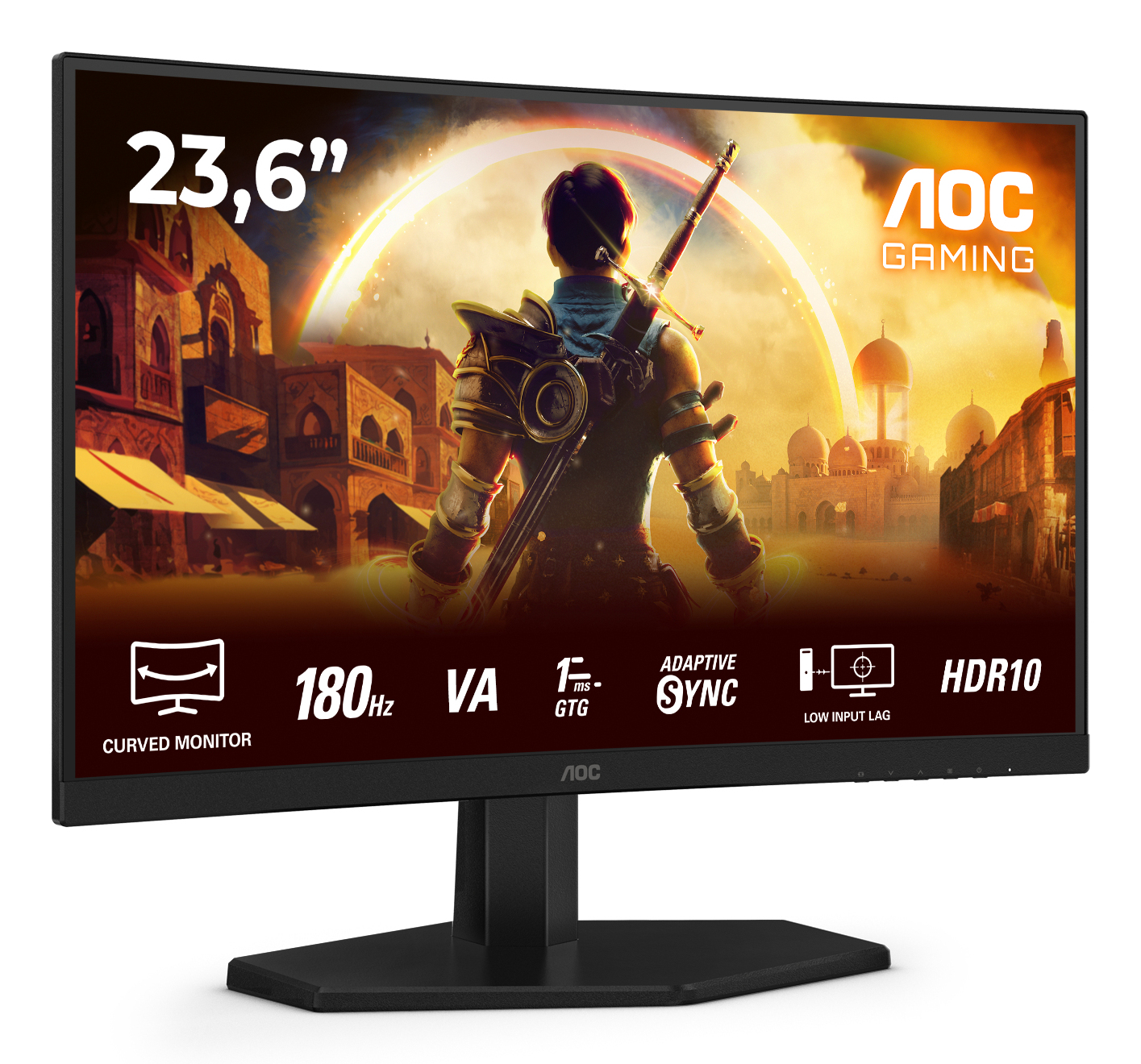 Czarny monitor do gier AOC wyświetla scenę fantasy. Monitor ma specyfikacje takie jak 180Hz, HDR10. Ma czarną podstawę i zakrzywiony ekran.