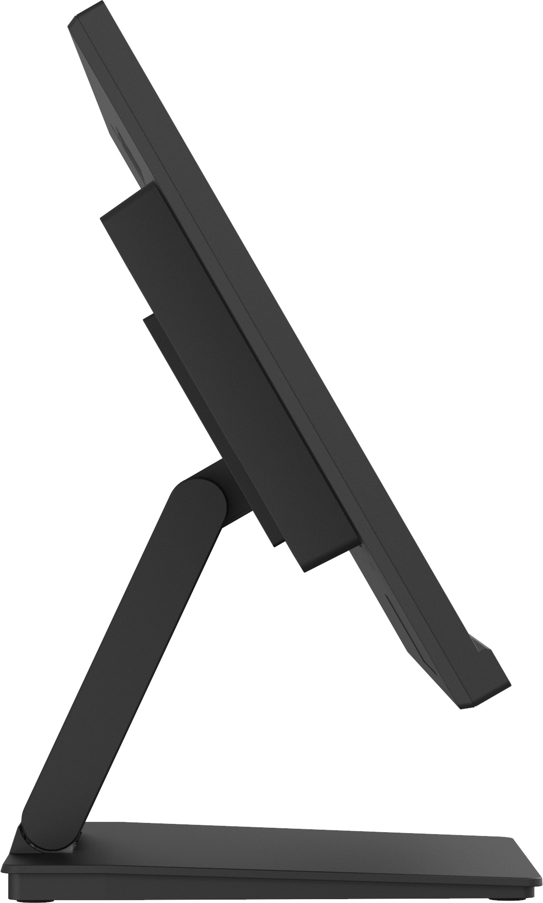 Czarny monitor komputera jest pochylony, podparty czarną podstawą. Jest na białym tle.