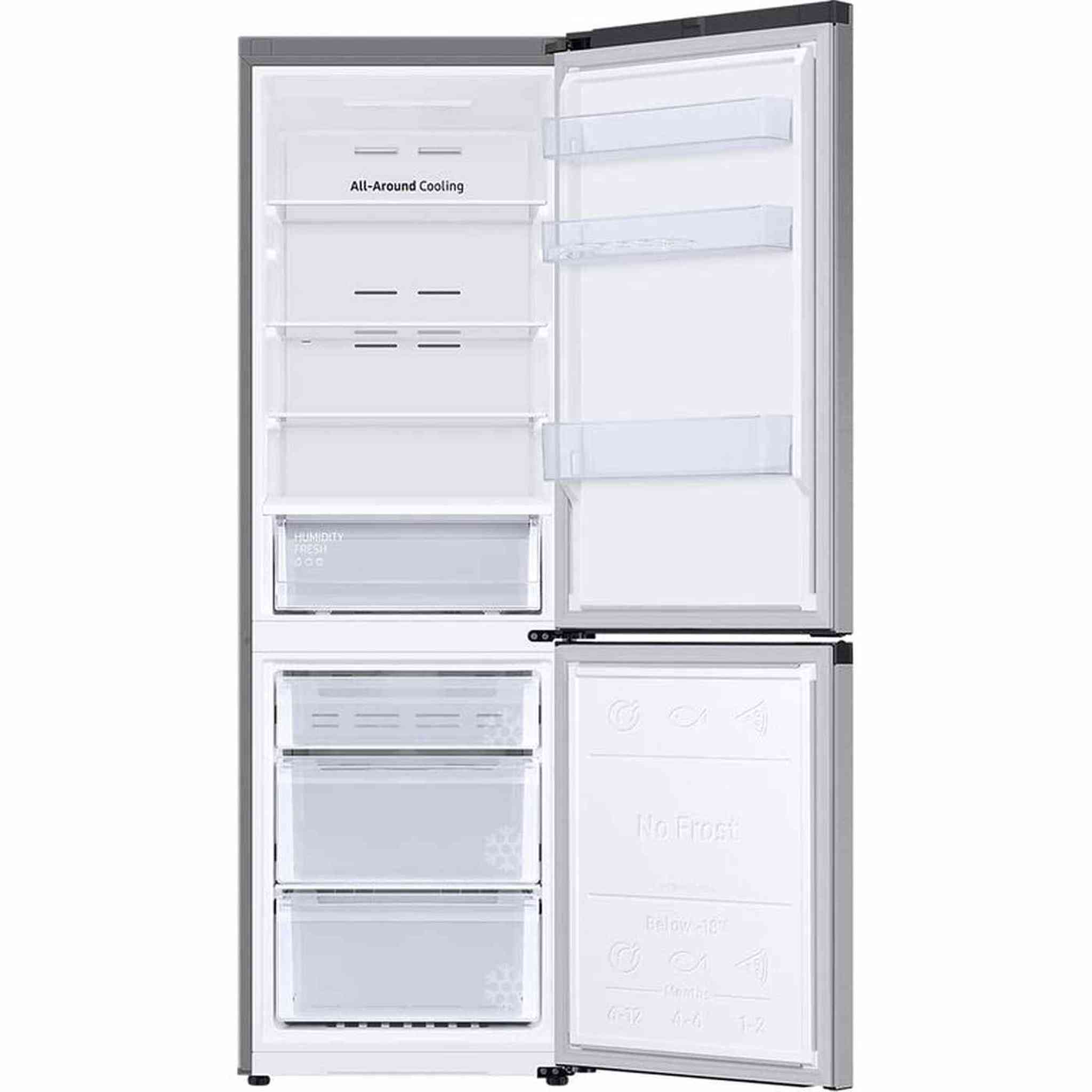 Open refrigerator with two doors. Inside, shelves, drawers, and the words 'All-Around Cooling', 'Humidity Fresh', and 'No Frost'.