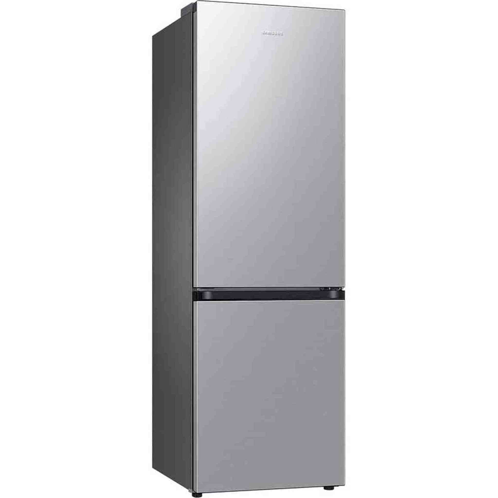 A silver Samsung refrigerator. It has a top and bottom section, with a black horizontal line separating them.