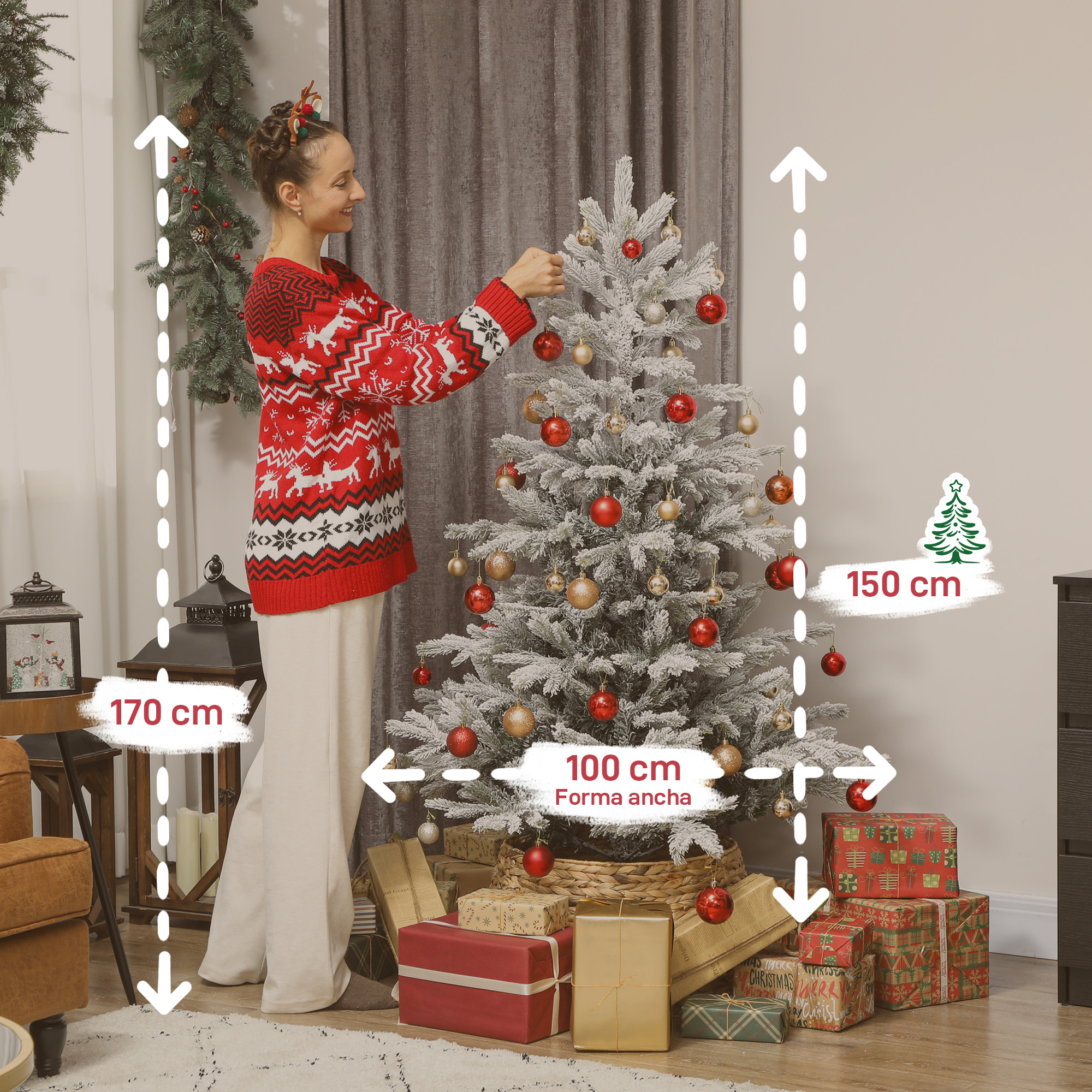 Mujer decora árbol de Navidad con adornos rojos y dorados. Regalos bajo el árbol. Se añaden medidas y dibujo de árbol de Navidad.