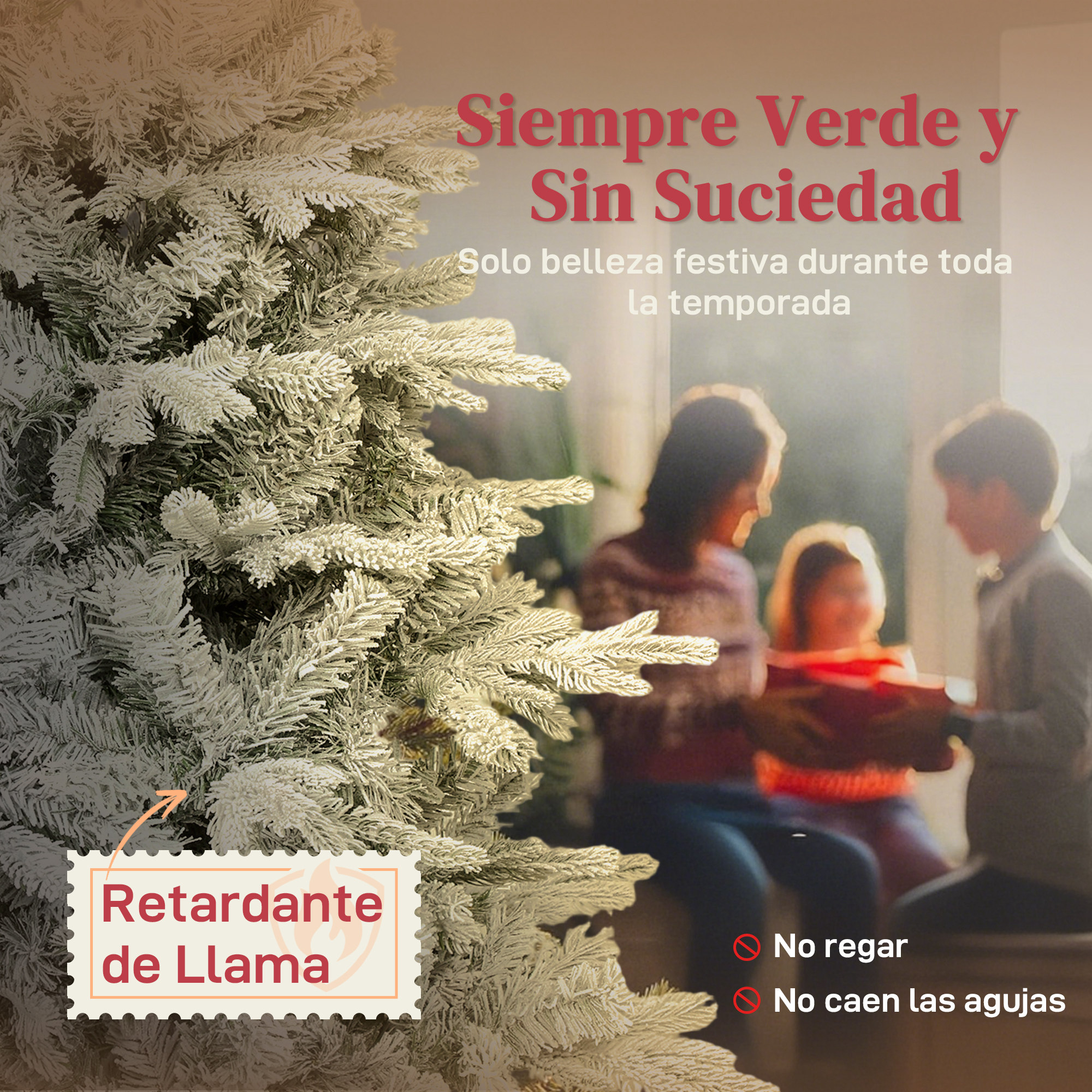 La imagen muestra un árbol de Navidad con una familia al fondo. El texto indica que es ignífugo, no necesita riego y no pierde agujas.