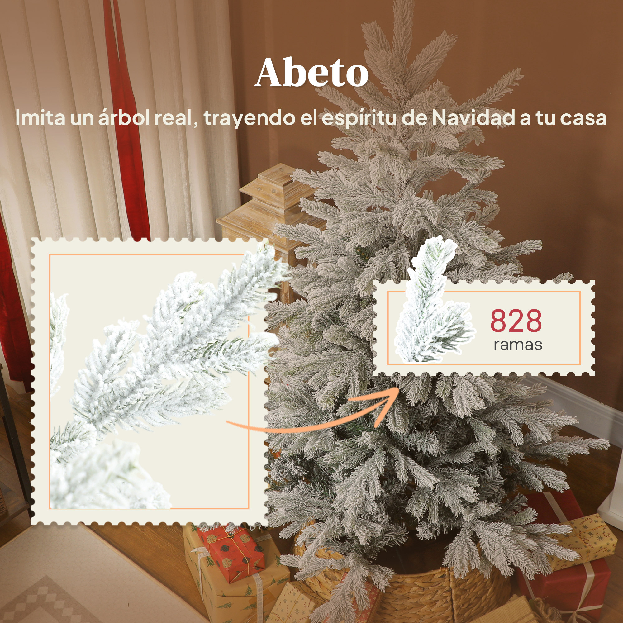Un árbol de Navidad con agujas con puntas blancas, con una etiqueta que muestra 828 ramas. Los regalos están debajo del árbol.