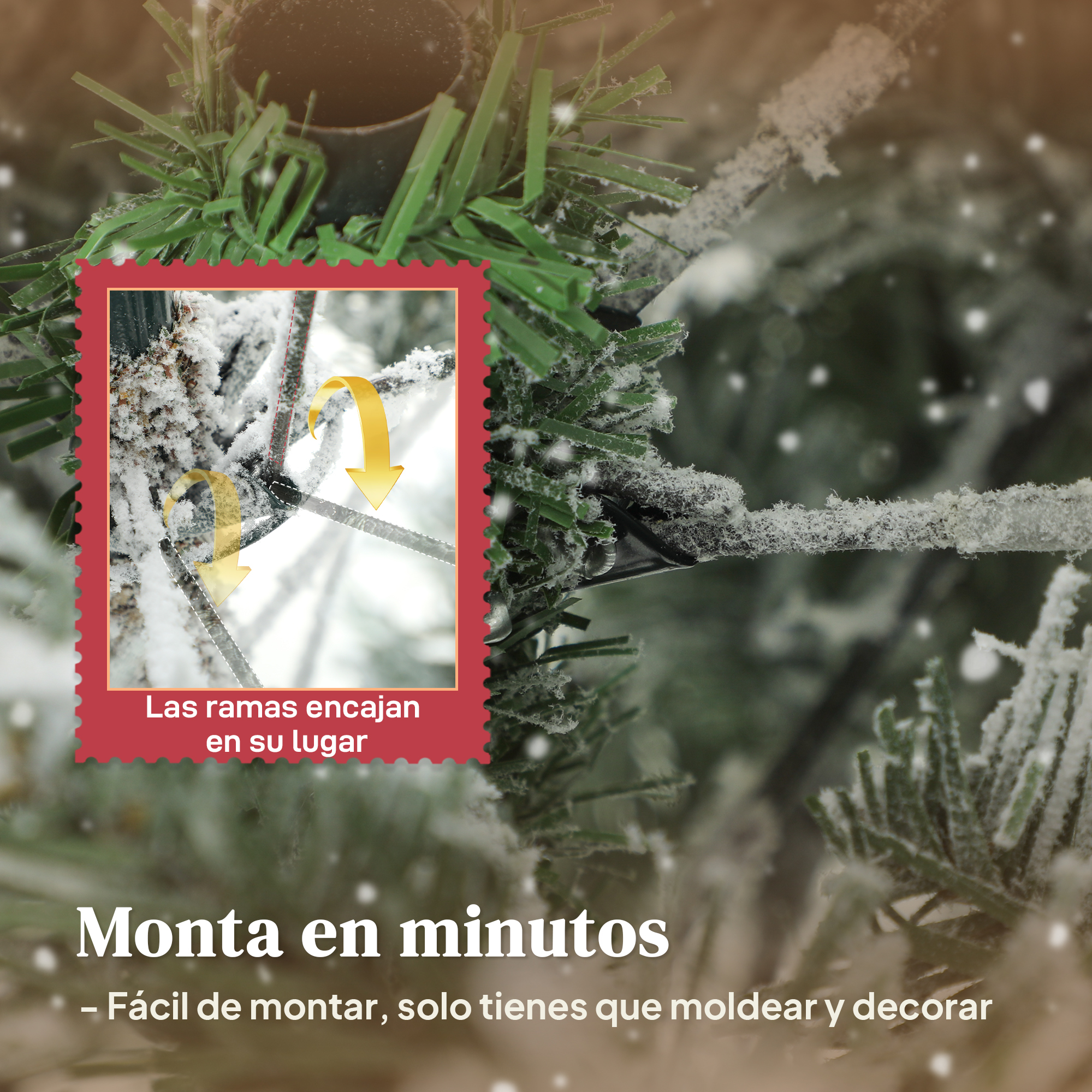 Primer plano de una rama nevada de árbol de Navidad verde con una pequeña incrustación que muestra cómo encajan las ramas.