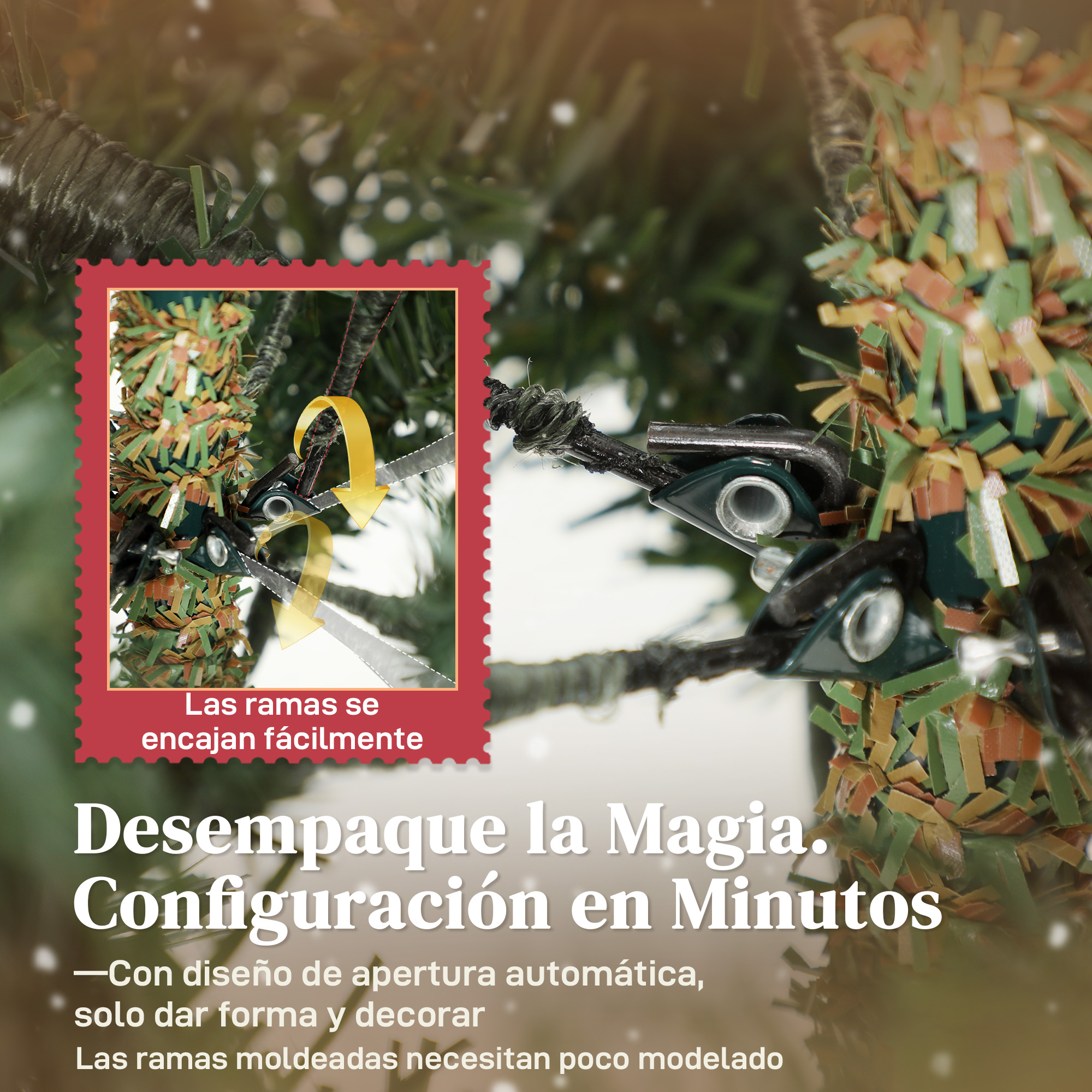 Primer plano de una rama de árbol de Navidad con acentos decorativos y texto: '¡Desempaca la Magia! Configuración en minutos.'