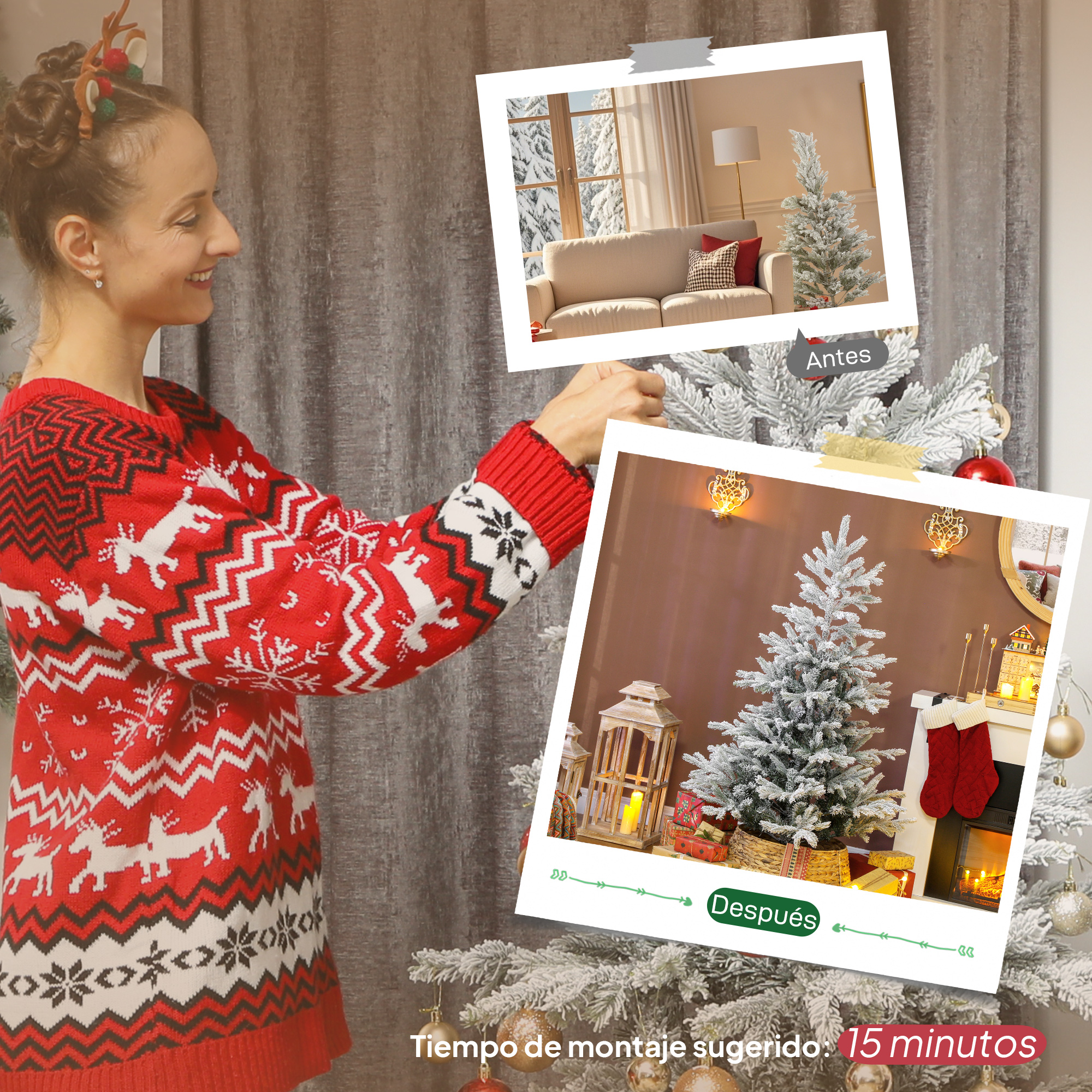 Mujer en un suéter rojo navideño decora un árbol de Navidad nevado. Las fotos del antes y el después muestran el entorno del árbol.