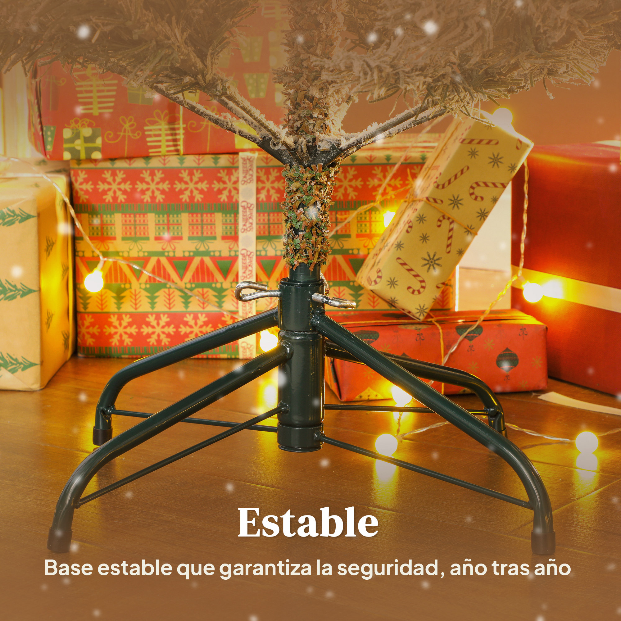 Una base de árbol de Navidad con regalos. La base es negra. Los regalos tienen envoltorios rojos, verdes y amarillos.