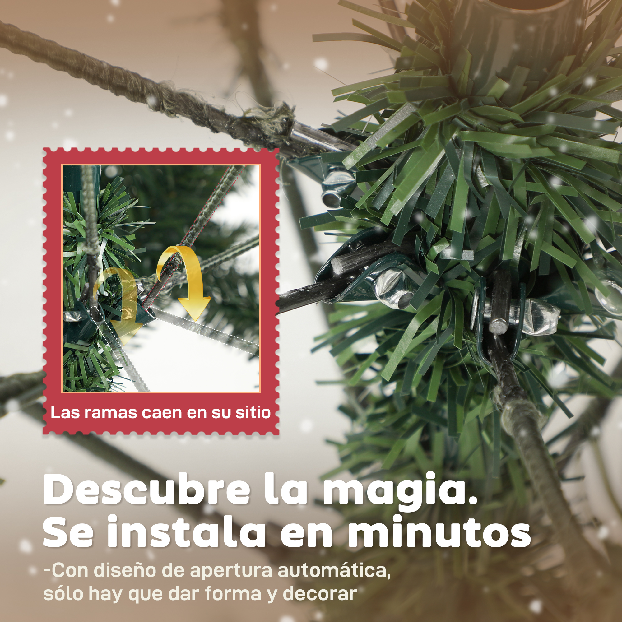 Primer plano de una rama de árbol de Navidad. Un marco rojo muestra cómo encajan las ramas. El texto promueve una fácil configuración.