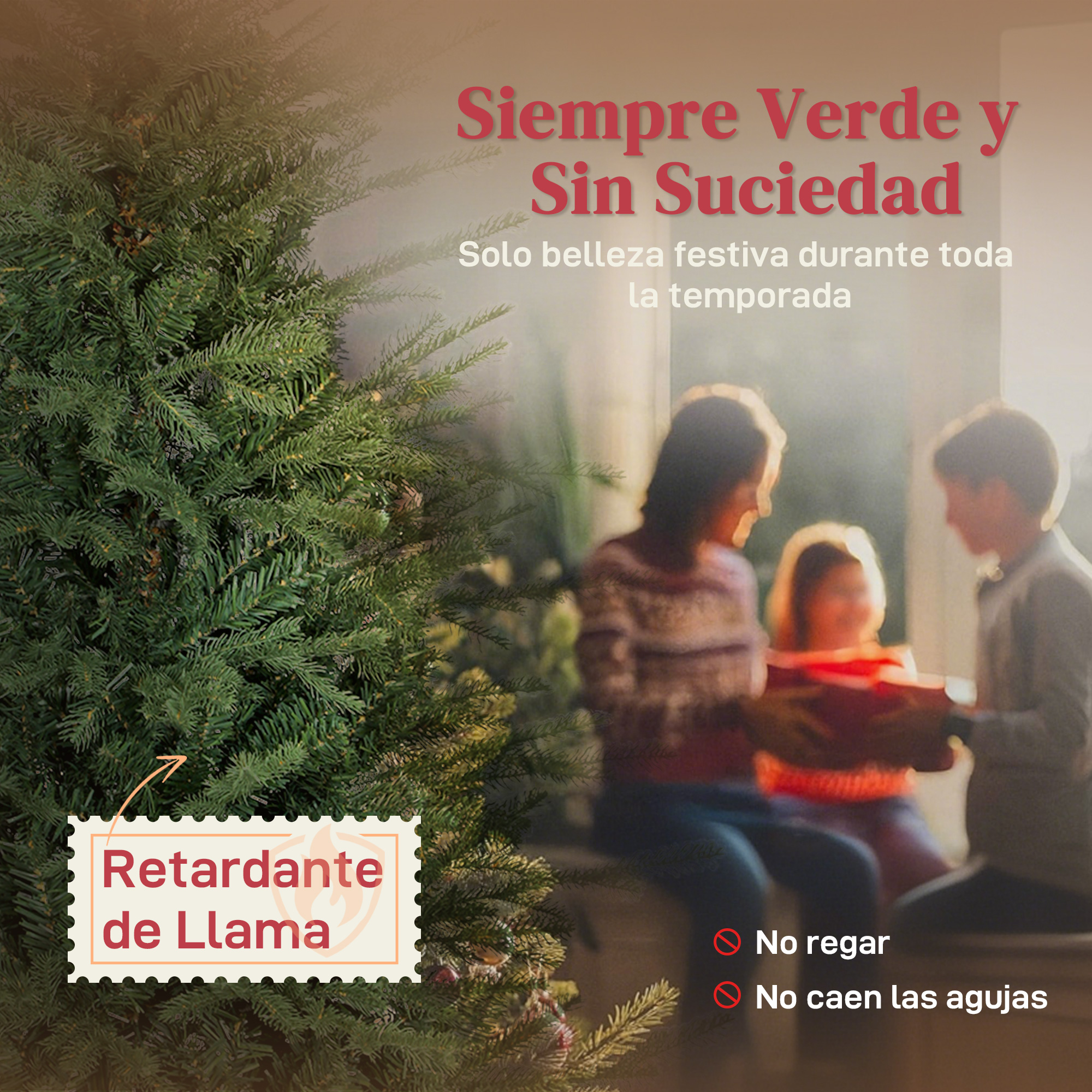 Un árbol de Navidad con texto en español, más una familia intercambiando regalos. El árbol es verde y la familia está borrosa.