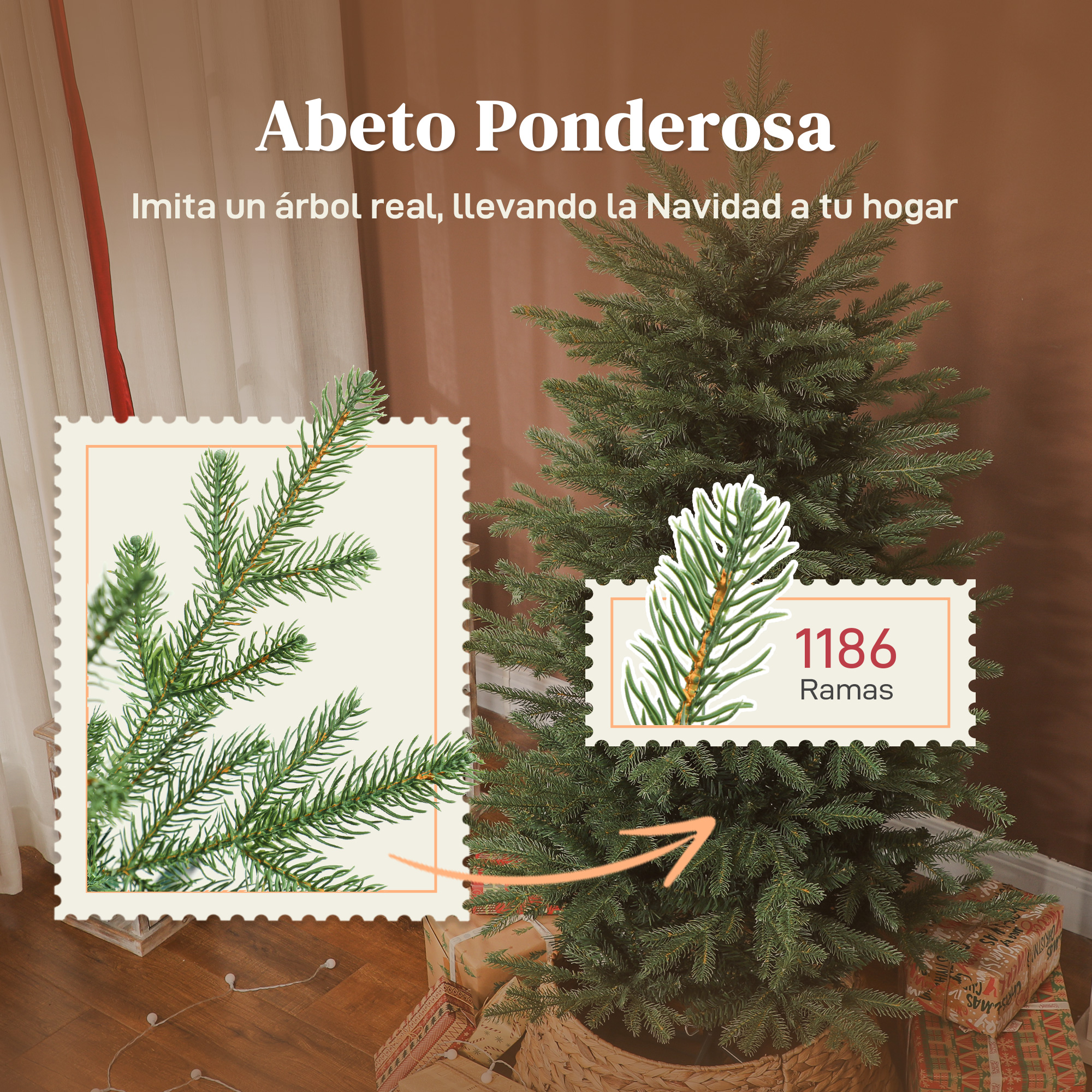 Un árbol de Navidad con texto, "Abeto Ponderosa". Tiene 1186 ramas. Hay regalos en la parte inferior.