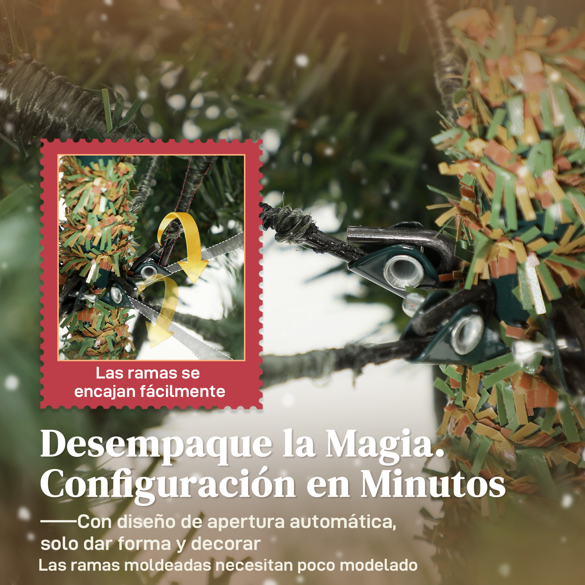 Primer plano de una rama de árbol de Navidad con oropel y clips de colores. El texto dice: Las ramas encajan fácilmente. Desempaque la magia, configure en minutos.