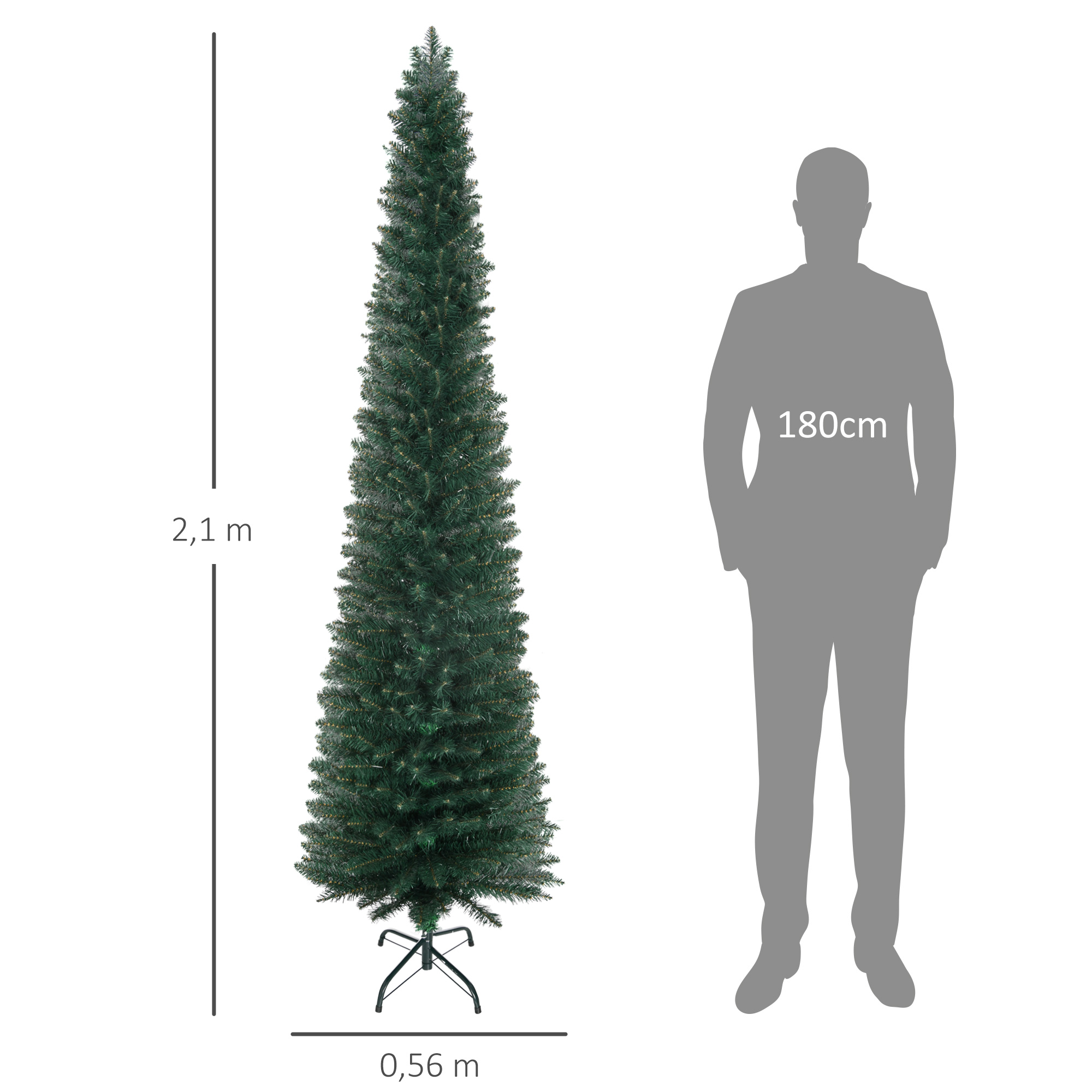 Un árbol de Navidad artificial verde, de 2,1 m de altura, junto a una silueta humana gris, con un indicador de altura de 180 cm.