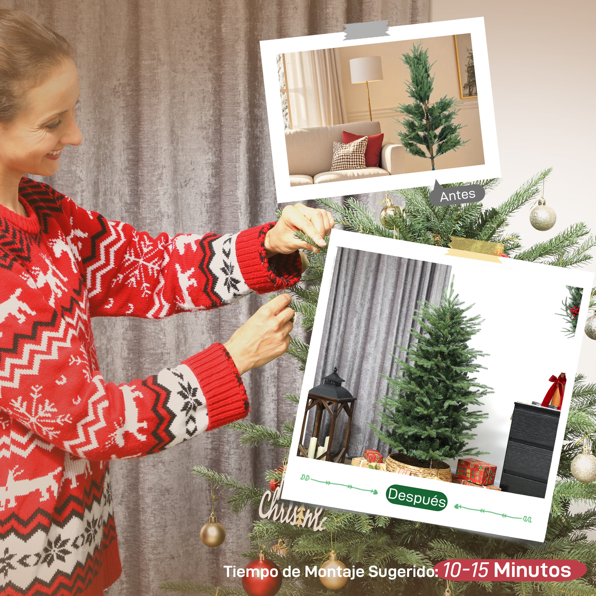 Una mujer con un suéter rojo decora un árbol de Navidad, con imágenes de antes y después. El árbol tiene adornos.