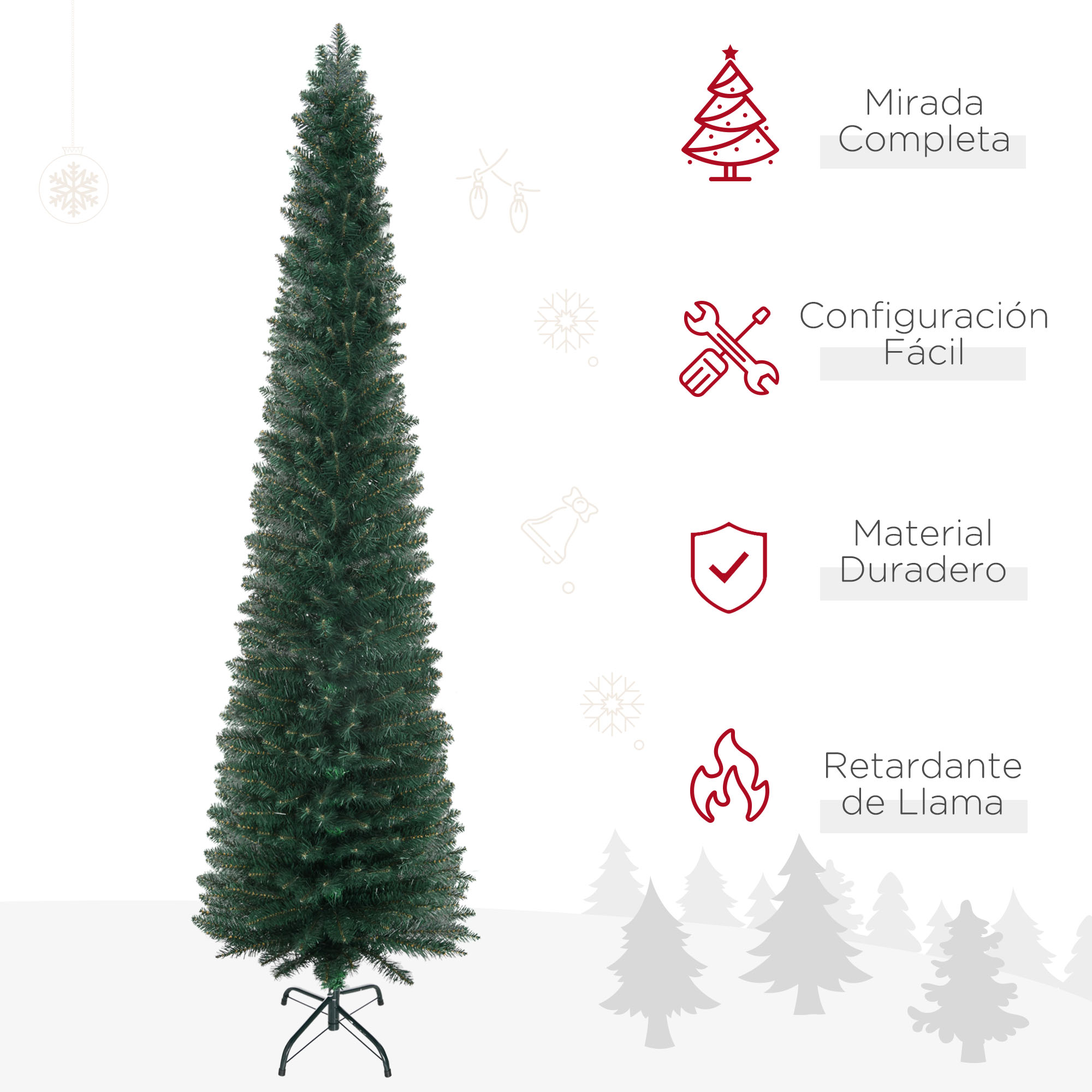 Un árbol de Navidad alto y verde se alza sobre un soporte negro, con texto e iconos sobre características en un fondo blanco.