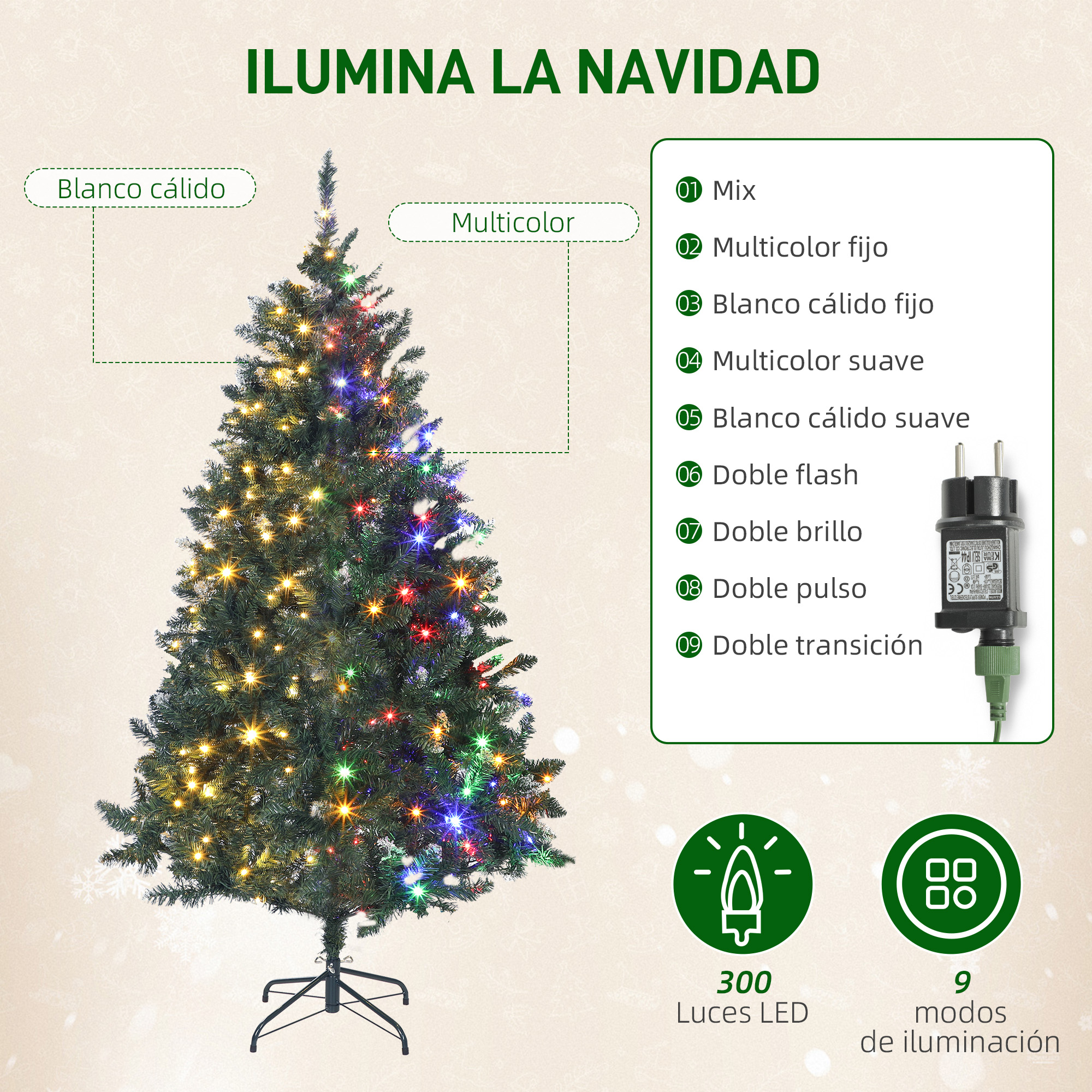 Un árbol de Navidad con luces de colores y detalles del producto. Tiene 300 luces LED y 9 modos de iluminación.