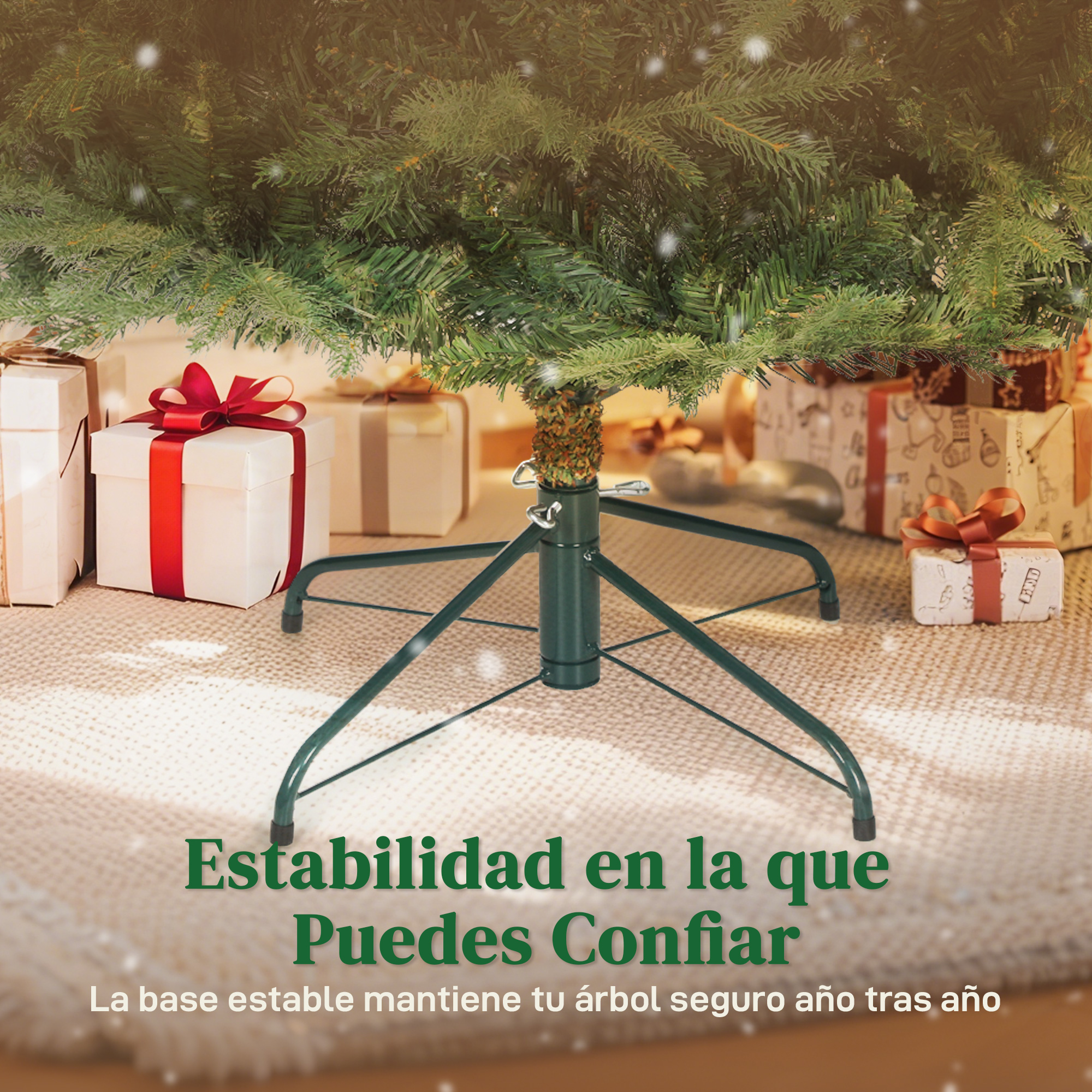 Base de árbol de Navidad con regalos y un árbol. El árbol es verde, los regalos están envueltos. Efecto de nieve.
