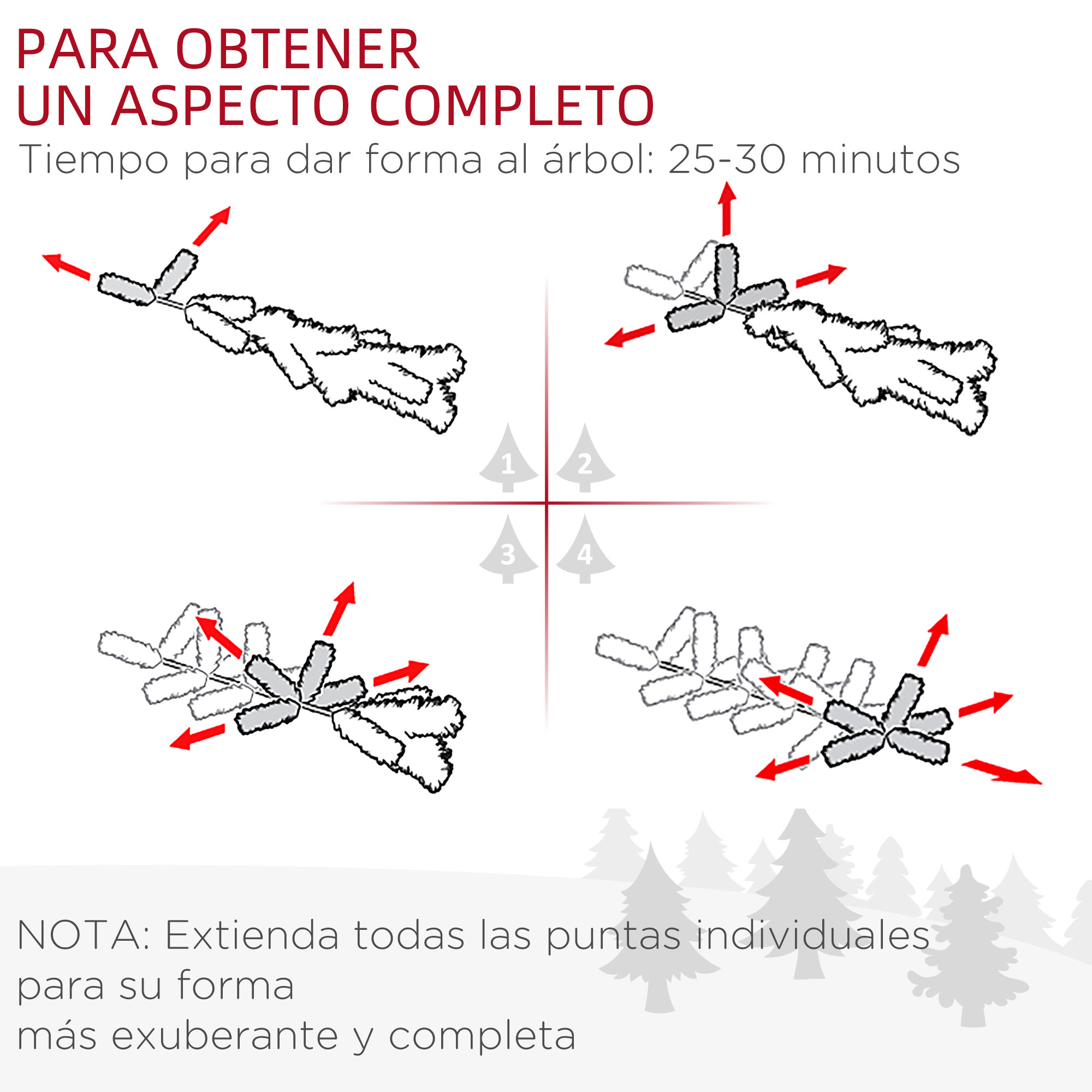 Diagrama que muestra los pasos para dar forma a las ramas de un árbol con flechas. Texto en español: 'Para obtener una apariencia completa'.