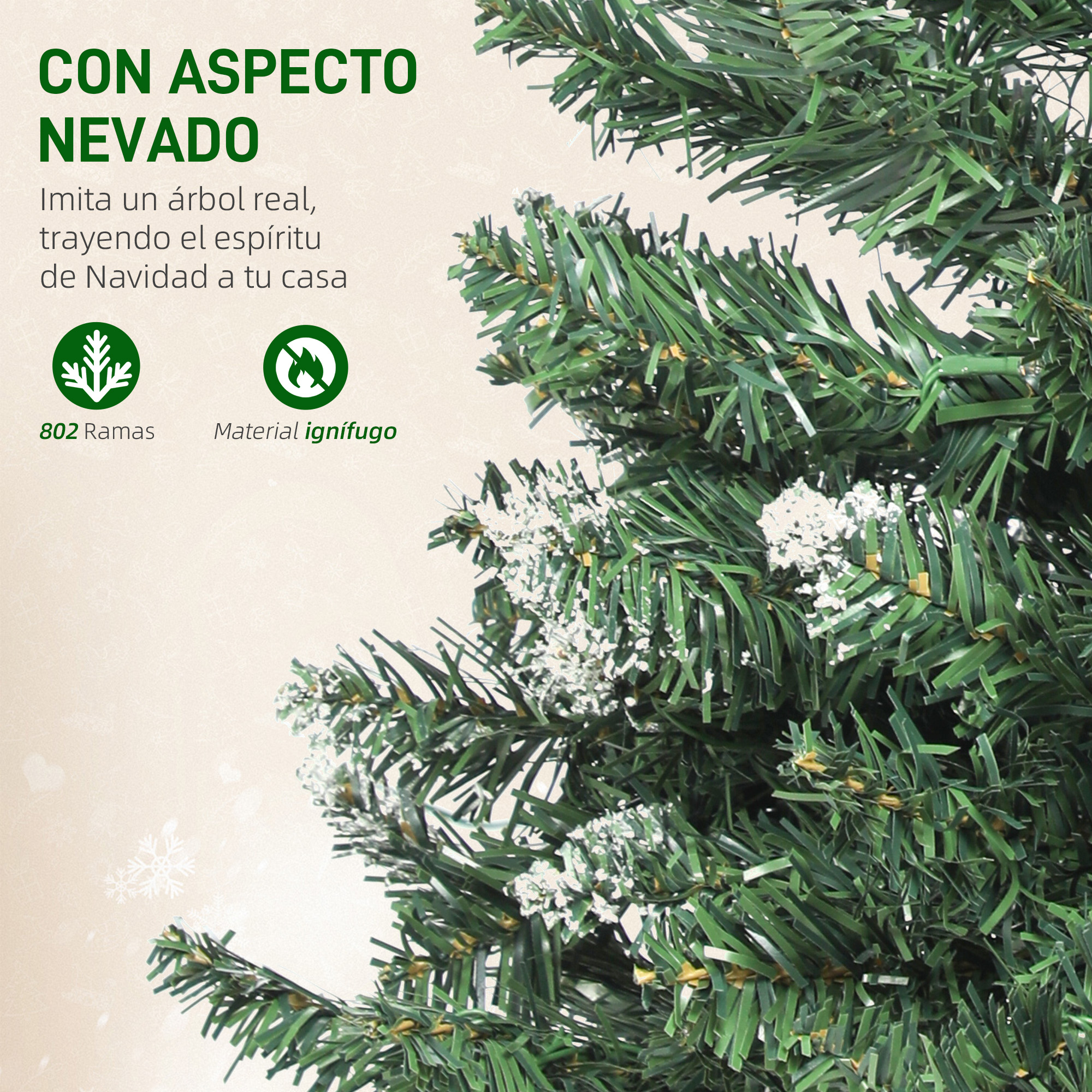 Primer plano de un árbol de Navidad verde nevado. El texto superior dice 'CON ASPECTO NEVADO'.