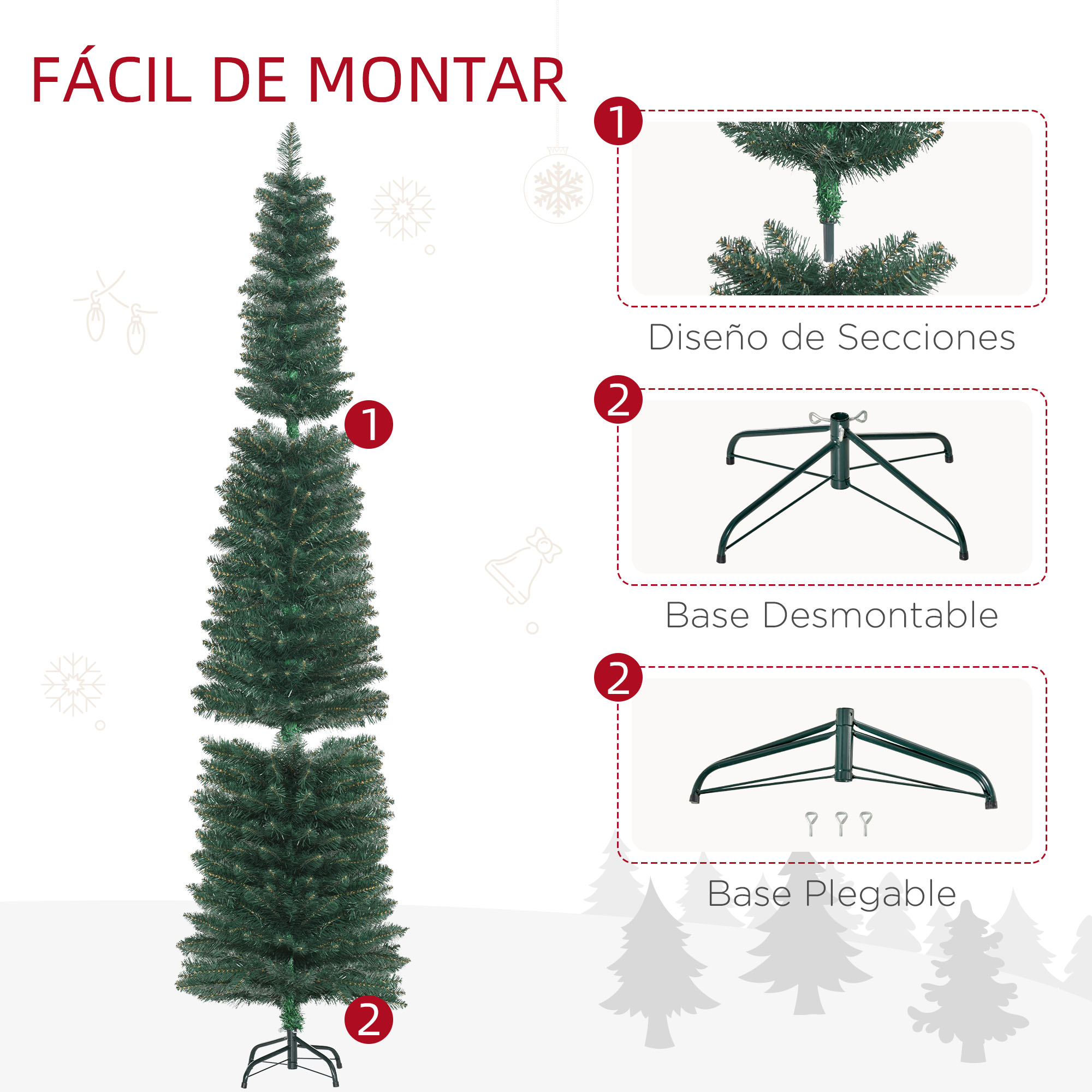 Un árbol de Navidad verde ensamblado con secciones desmontables. Muestra la base y las secciones para un fácil montaje. Incluye texto.