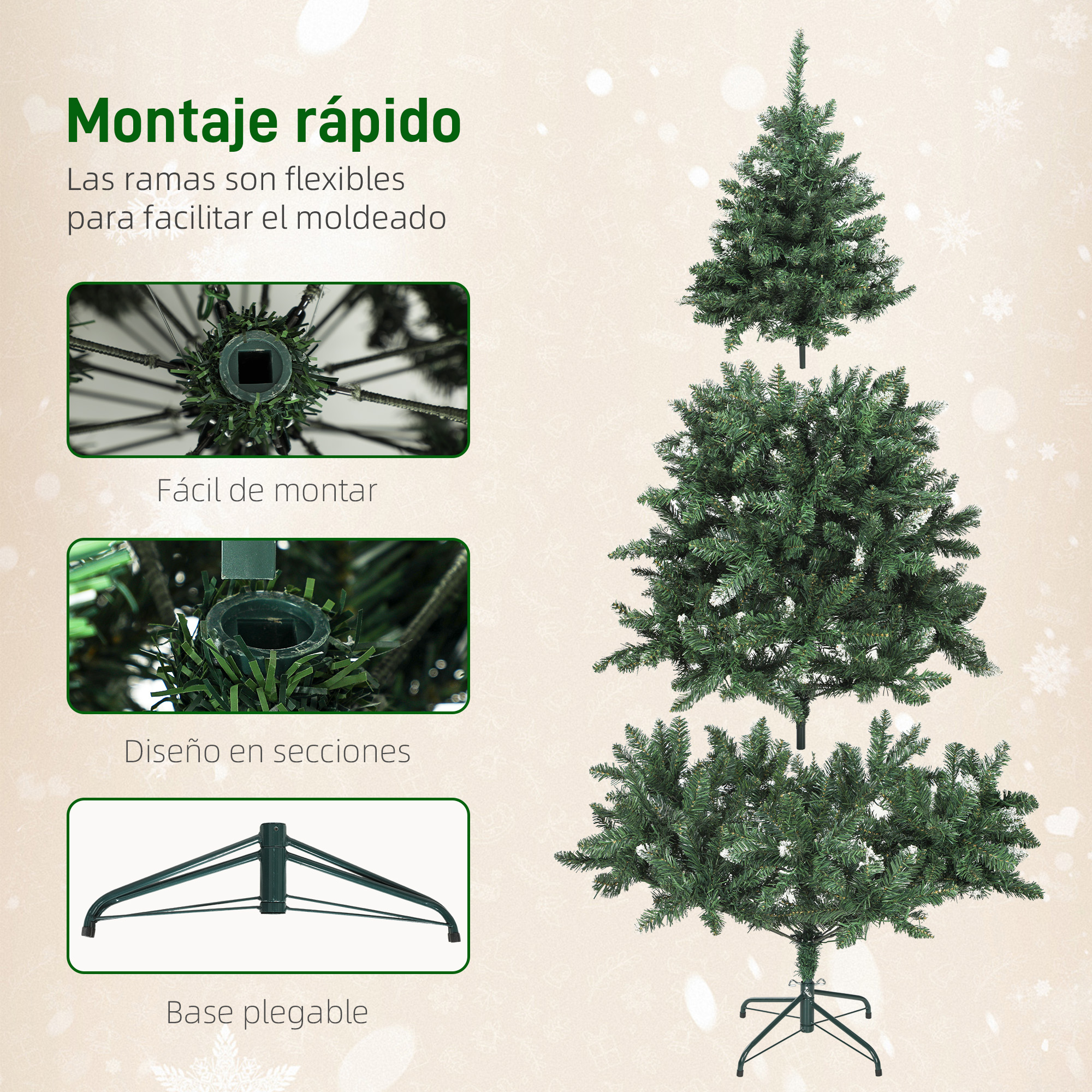 Un árbol de Navidad artificial desmontado con ramas flexibles, fácil montaje y base plegable.