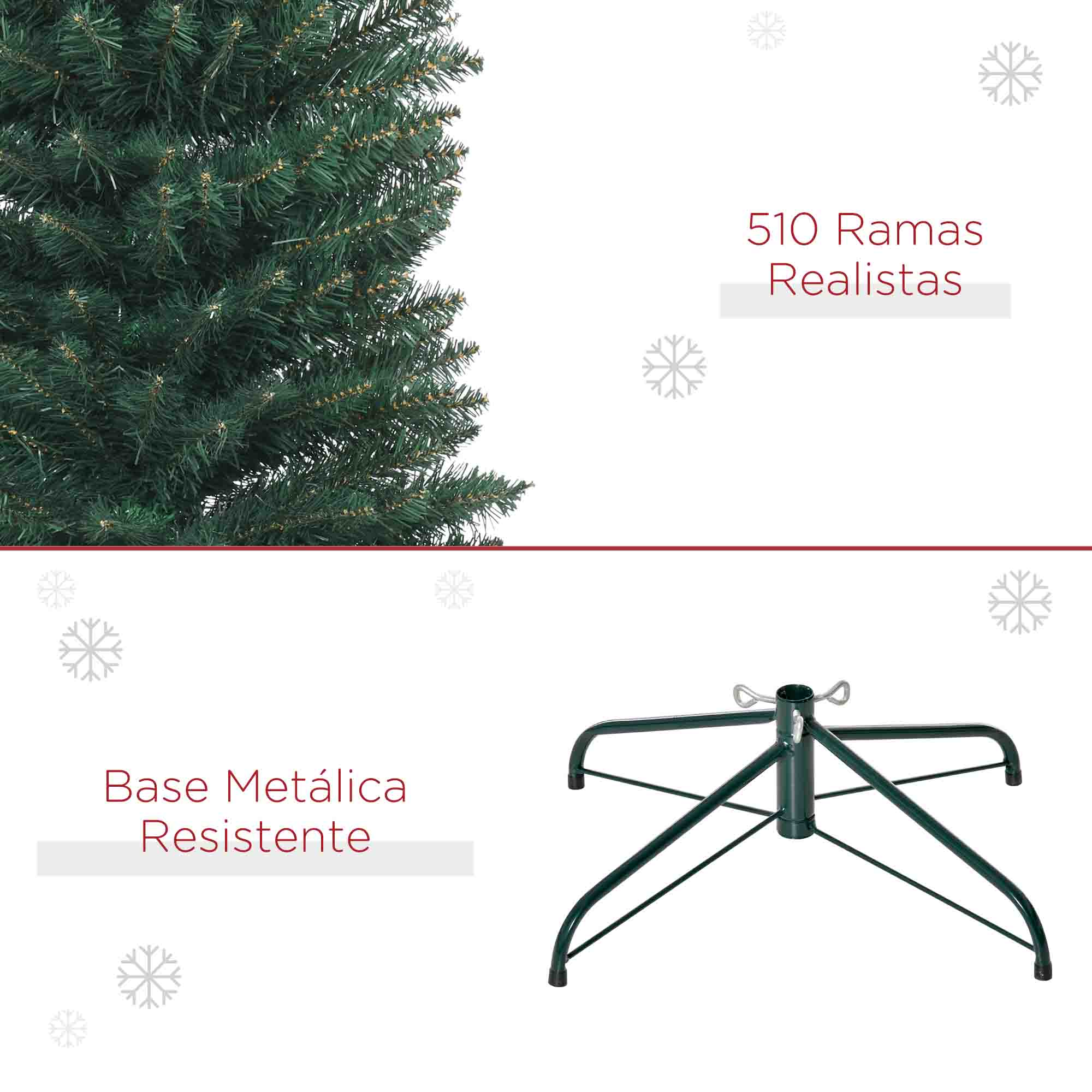 Imagen de un árbol de Navidad con un soporte metálico. El árbol tiene muchas ramas realistas. El soporte es verde.