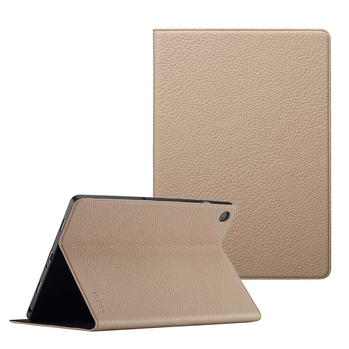 Een beige tablet hoesje wordt open en dicht getoond. De open hoes onthult een zwart tabletscherm. De achtergrond is wit.