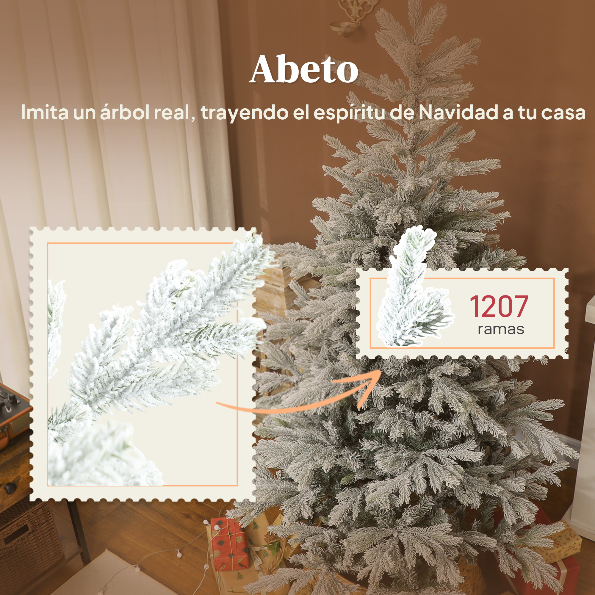 Un árbol de Navidad con ramas nevadas y un sello con 1207 ramas. Regalos debajo del árbol.