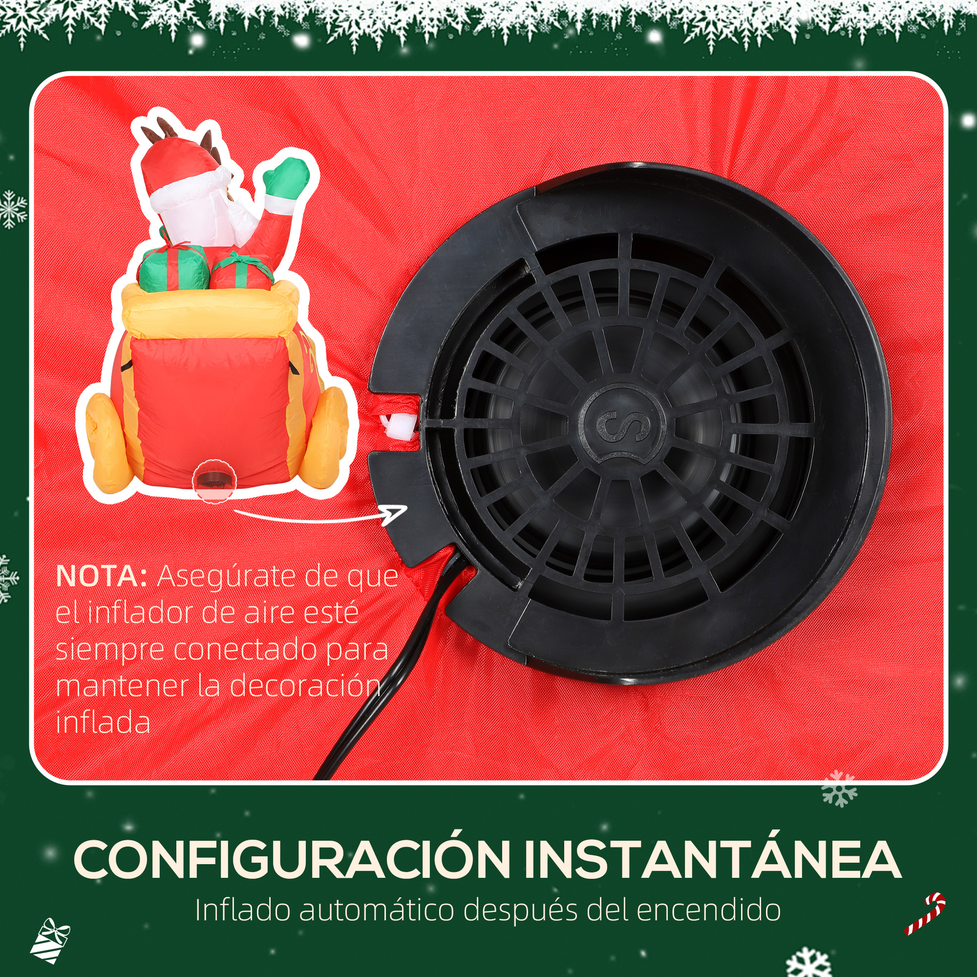 Una decoración inflable roja de Papá Noel con un ventilador negro. Papá Noel sostiene regalos.