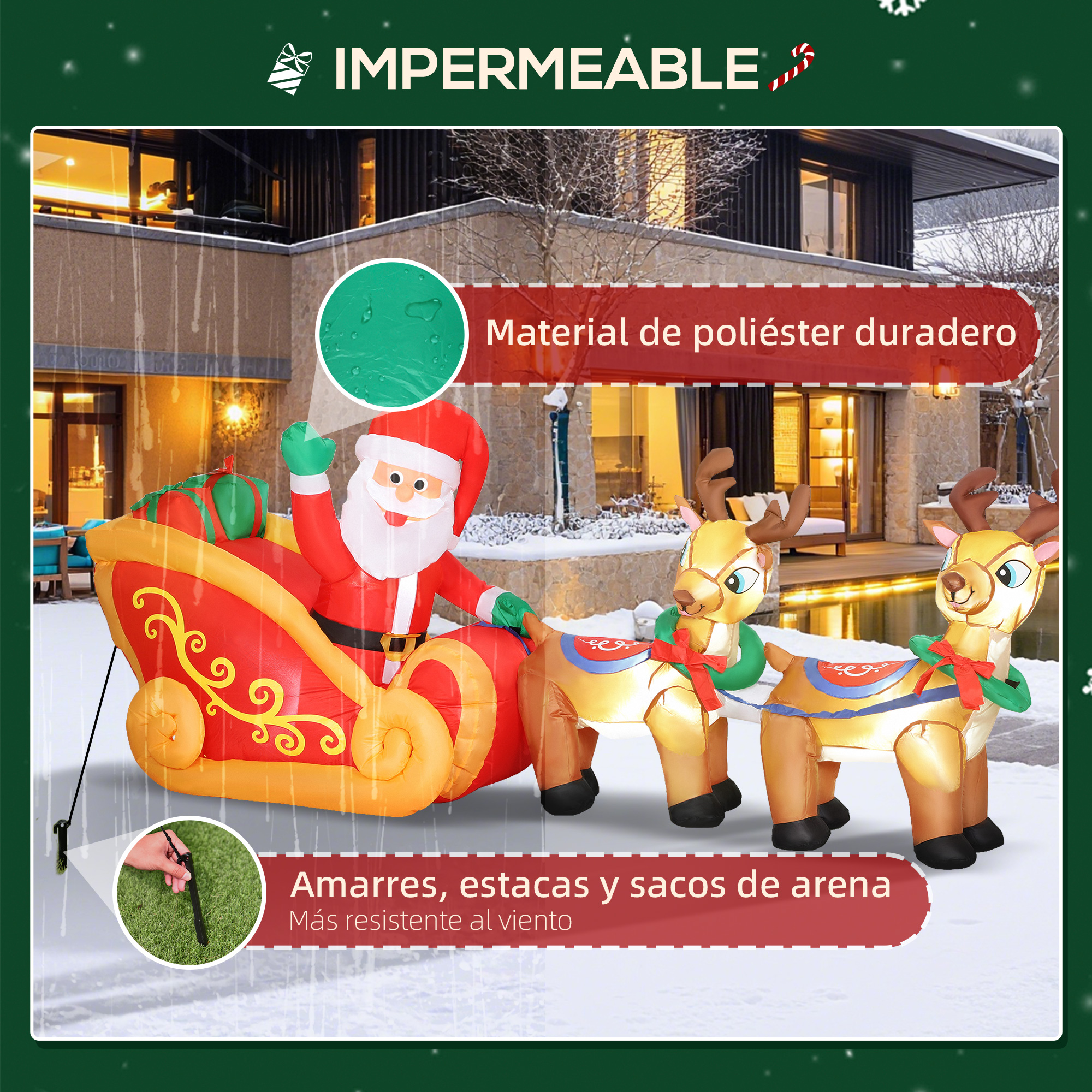 Papá Noel inflable con renos y un trineo. La escena incluye una casa y efecto de nieve. Texto en español.
