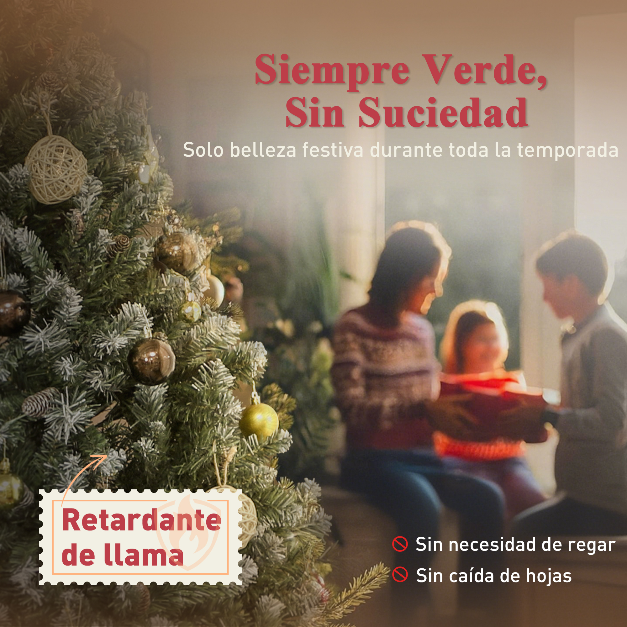 Árbol de Navidad con adornos, familia intercambiando regalos. Texto: Siempre verde, sin suciedad, sin necesidad de regar, sin caída de hojas.