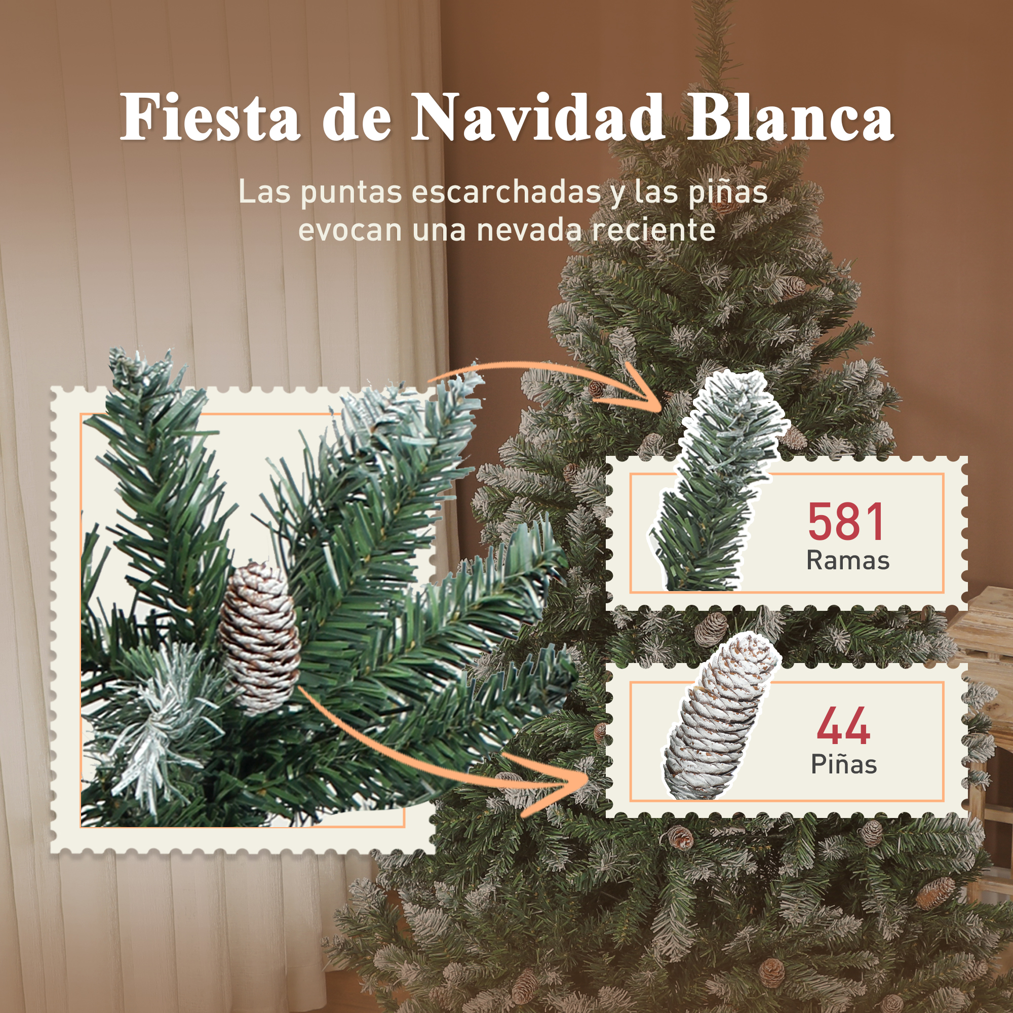 La imagen muestra un árbol de Navidad con puntas heladas y piñas. El texto dice 'Fiesta de Navidad Blanca'.