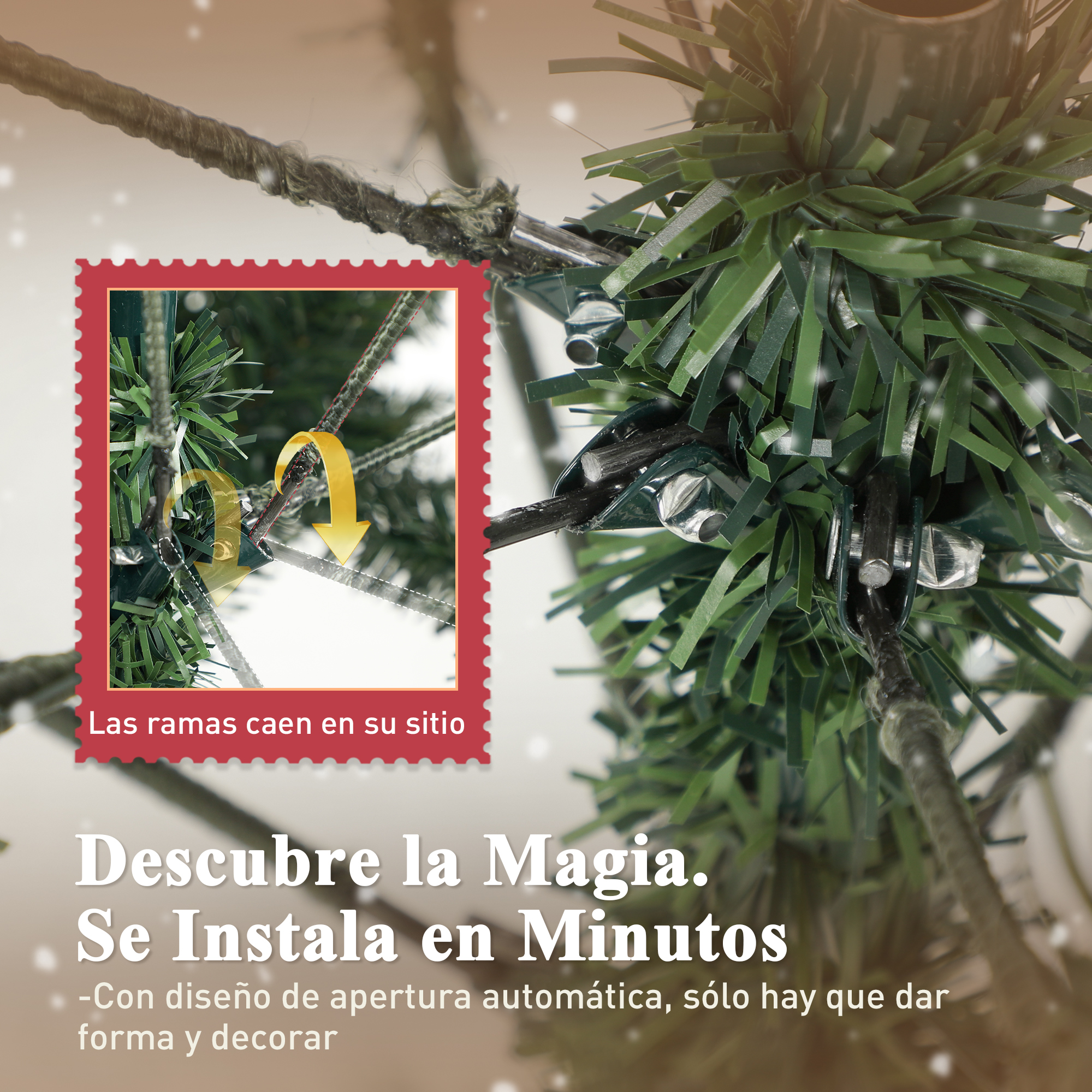 Primer plano del montaje de una rama de árbol de Navidad. Una imagen pequeña muestra cómo caen las ramas en su lugar.