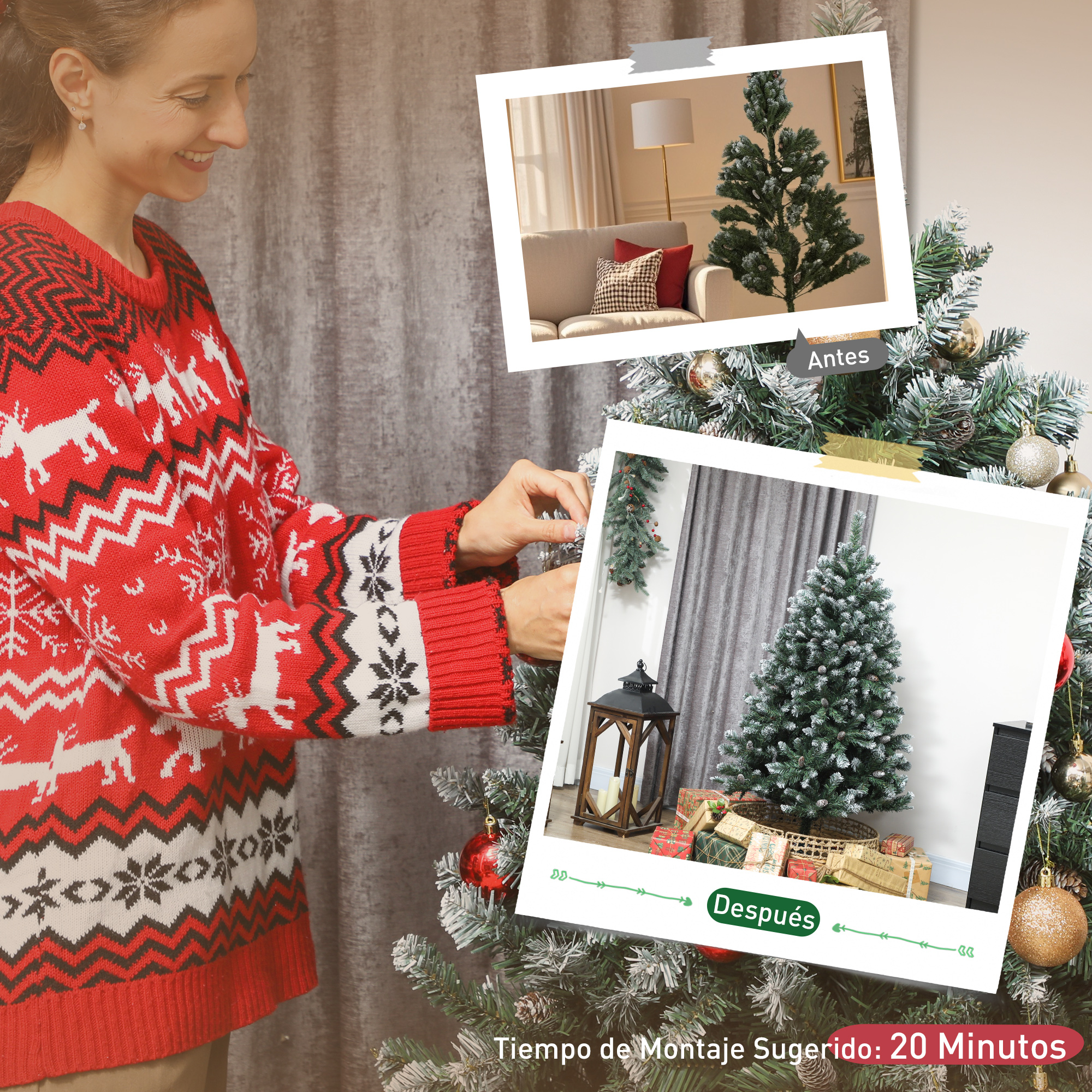 Mujer en suéter rojo decora árbol de Navidad. Dos imágenes muestran antes y después. El texto dice: Tiempo de montaje: 20 minutos.