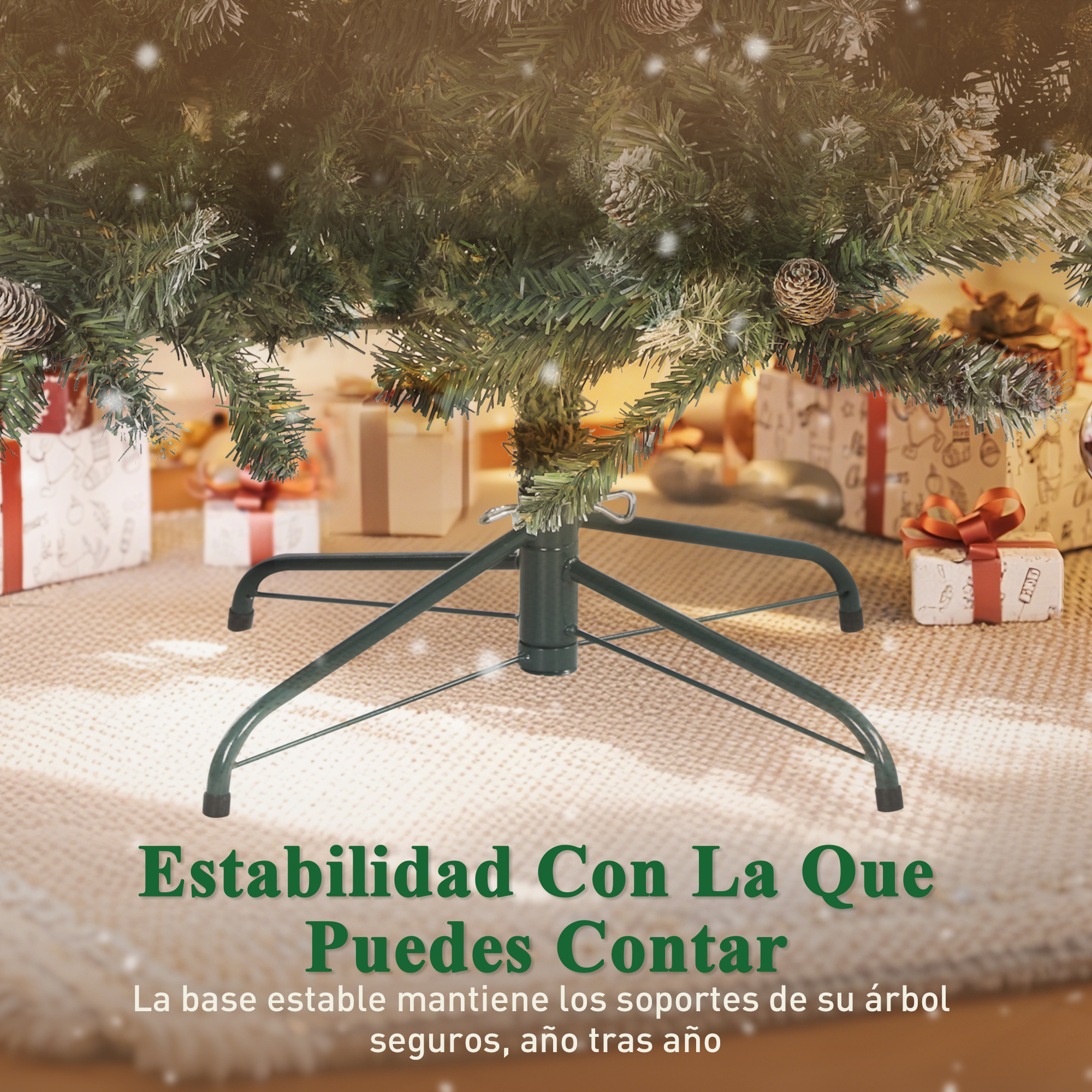 Una base verde de árbol de Navidad con regalos alrededor. La base soporta el árbol. Caída de copos de nieve.