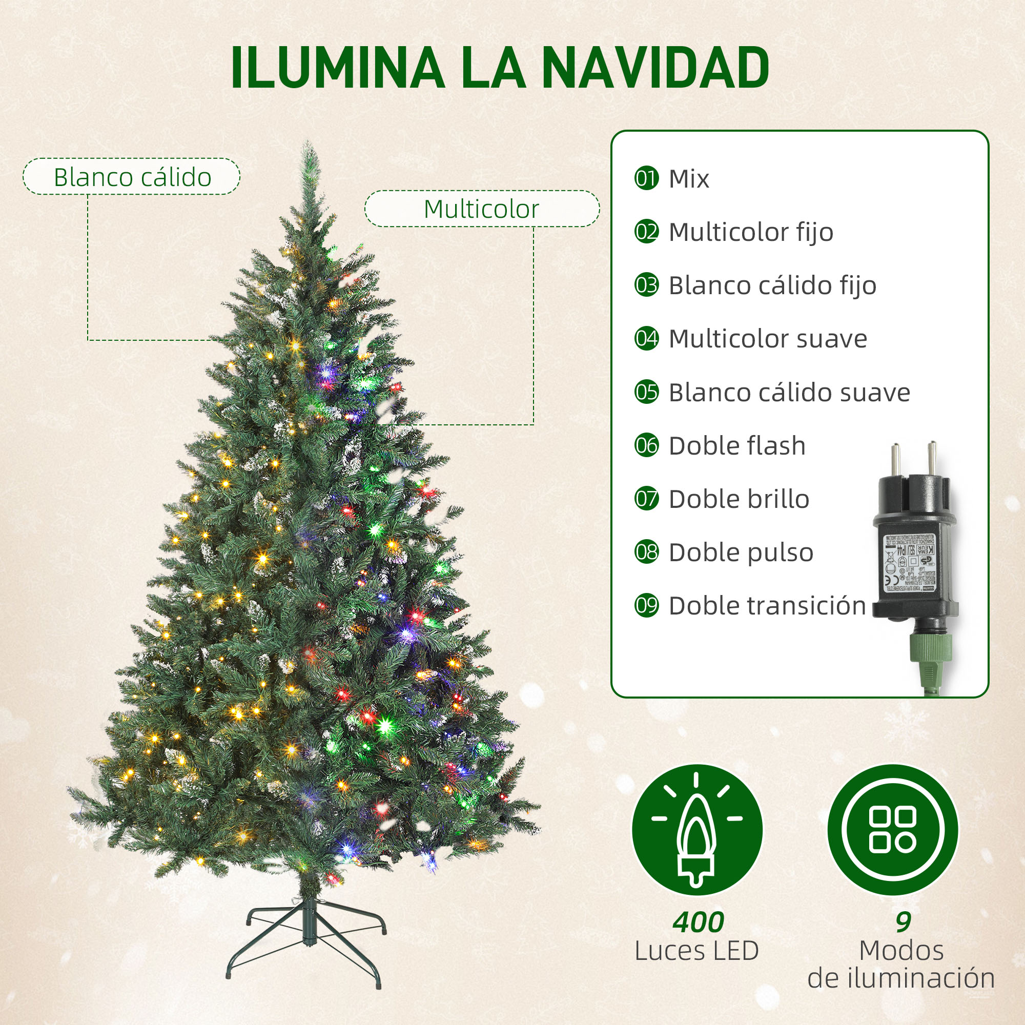Árbol de Navidad con luces, texto en español y detalles sobre modos de luz y recuento de LED. Un adaptador de corriente es visible.