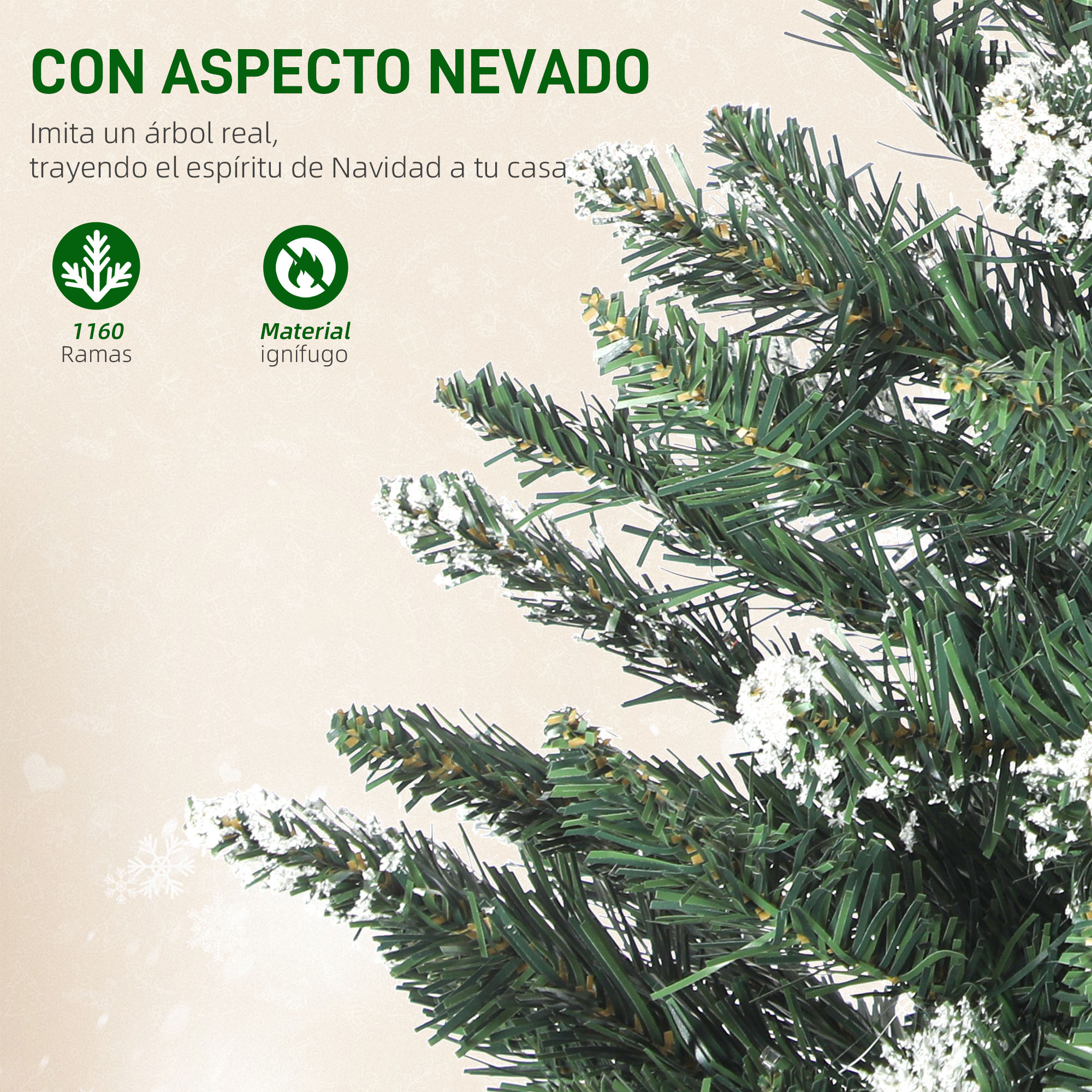 Primer plano de un árbol de Navidad artificial verde con nieve blanca. El texto dice 'CON ASPECTO NEVADO'.