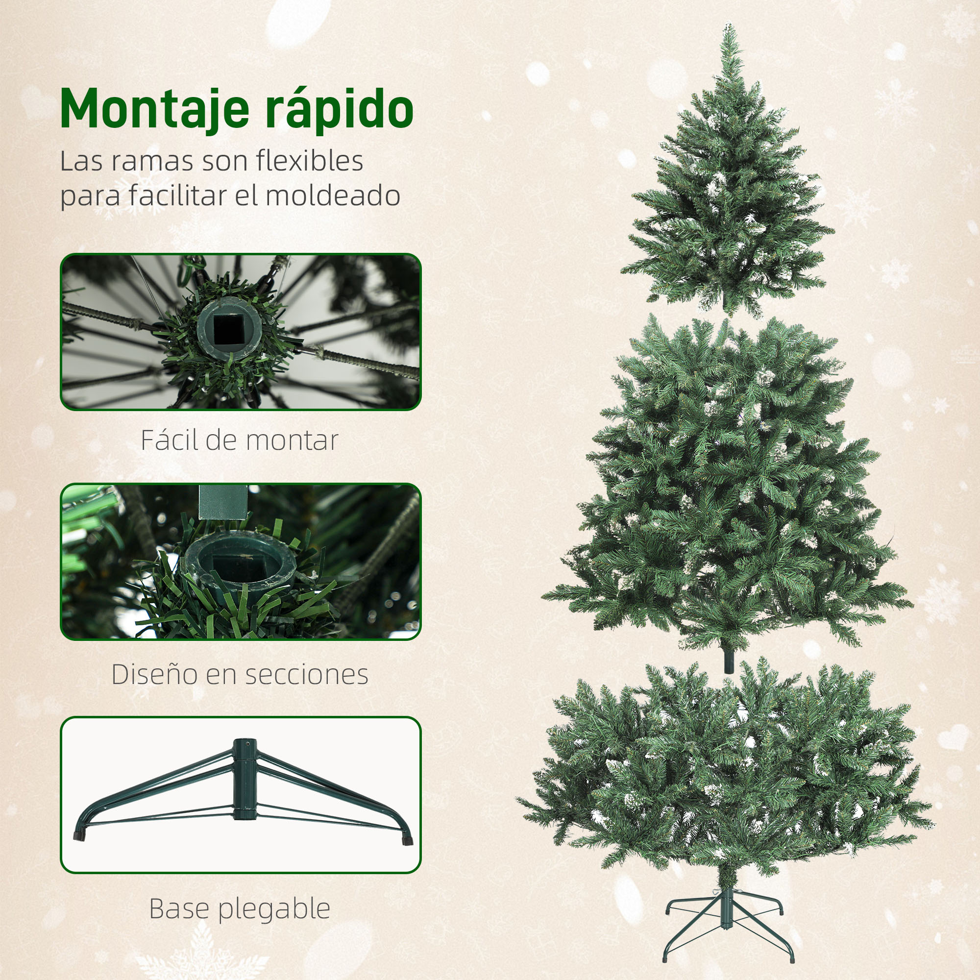 La imagen muestra un árbol de Navidad artificial verde en secciones. El texto destaca el fácil montaje y las ramas flexibles.