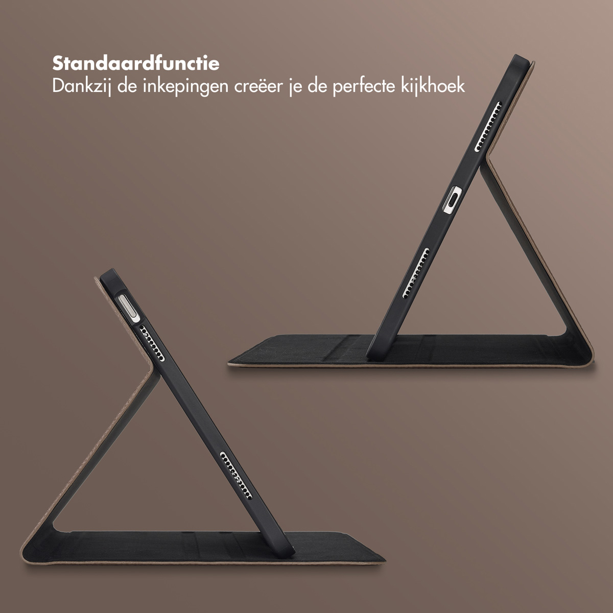 Two iPad cases are displayed in profile. One propped up, the other flat. Both are black with a tan interior, set on a brown background.