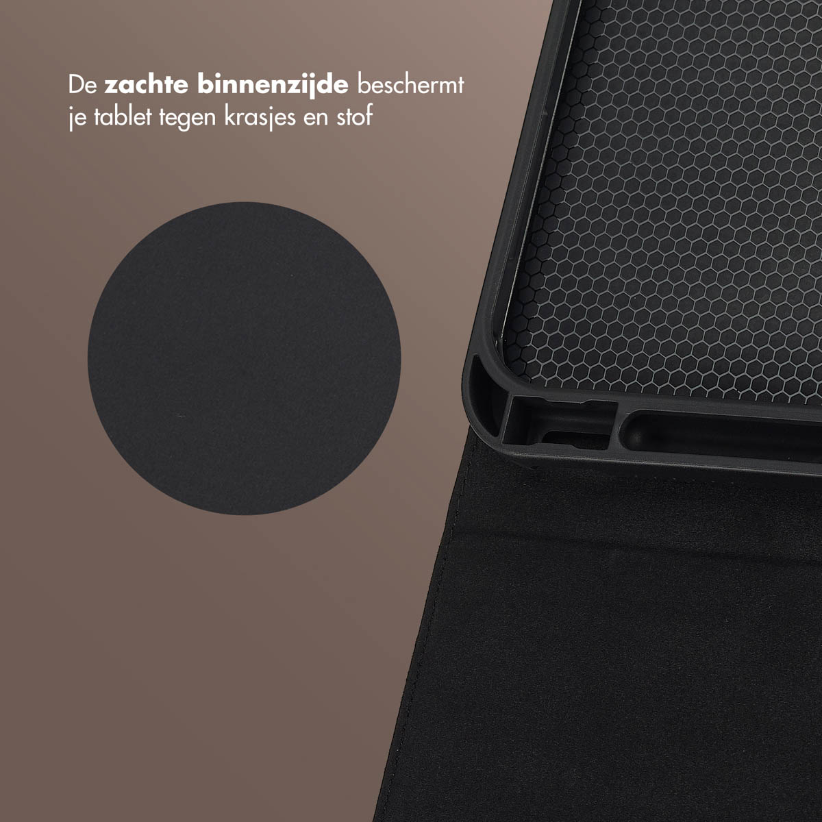 Black tablet case with honeycomb pattern and a dark circle. Text: The soft inside protects your tablet against scratches and dust.