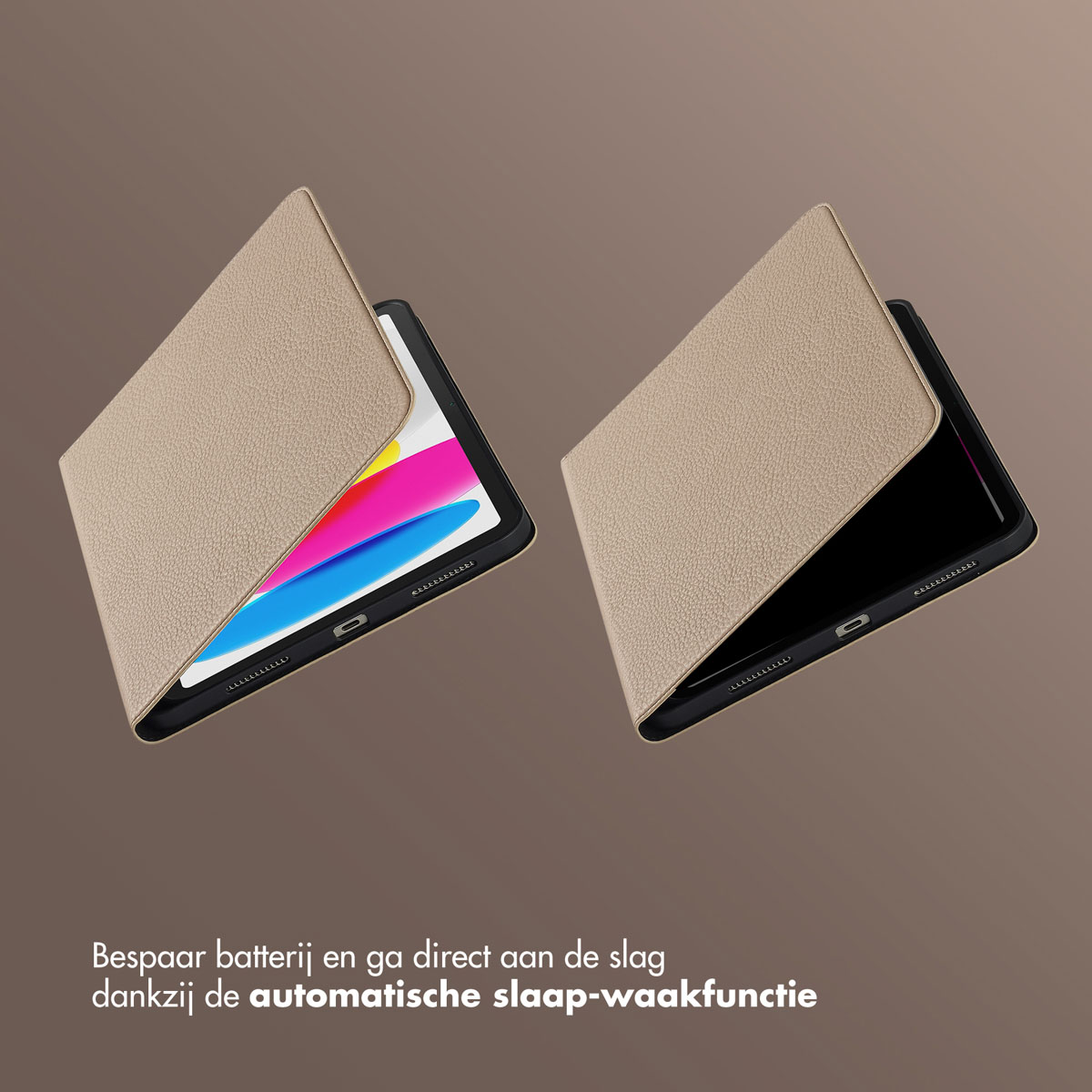 Two beige tablet cases, one open with a colorful screen and the other closed. Text at the bottom in Dutch.