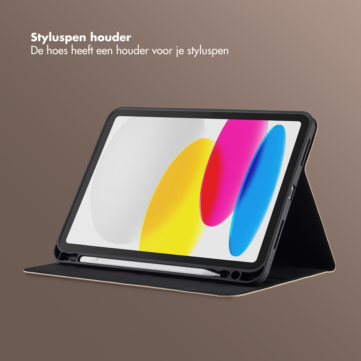 An open tablet with a stylus in a case. The screen displays colorful shapes. The case is black, with a pen holder.