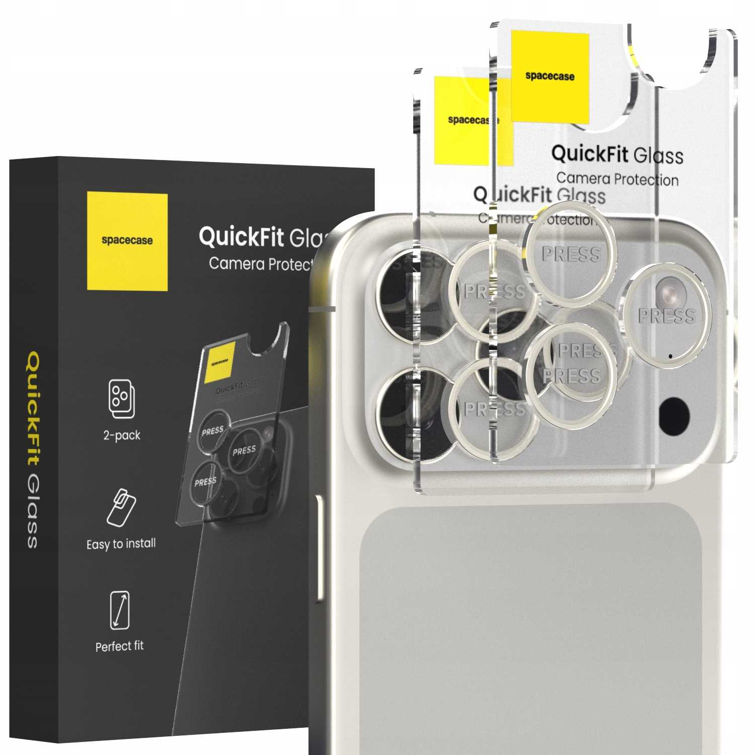 Telefon z ochroną kamery QuickFit Glass. Na pudełku napis 'spacecase QuickFit Glass Camera Protection'. Szkło ma etykiety 'PRESS'.