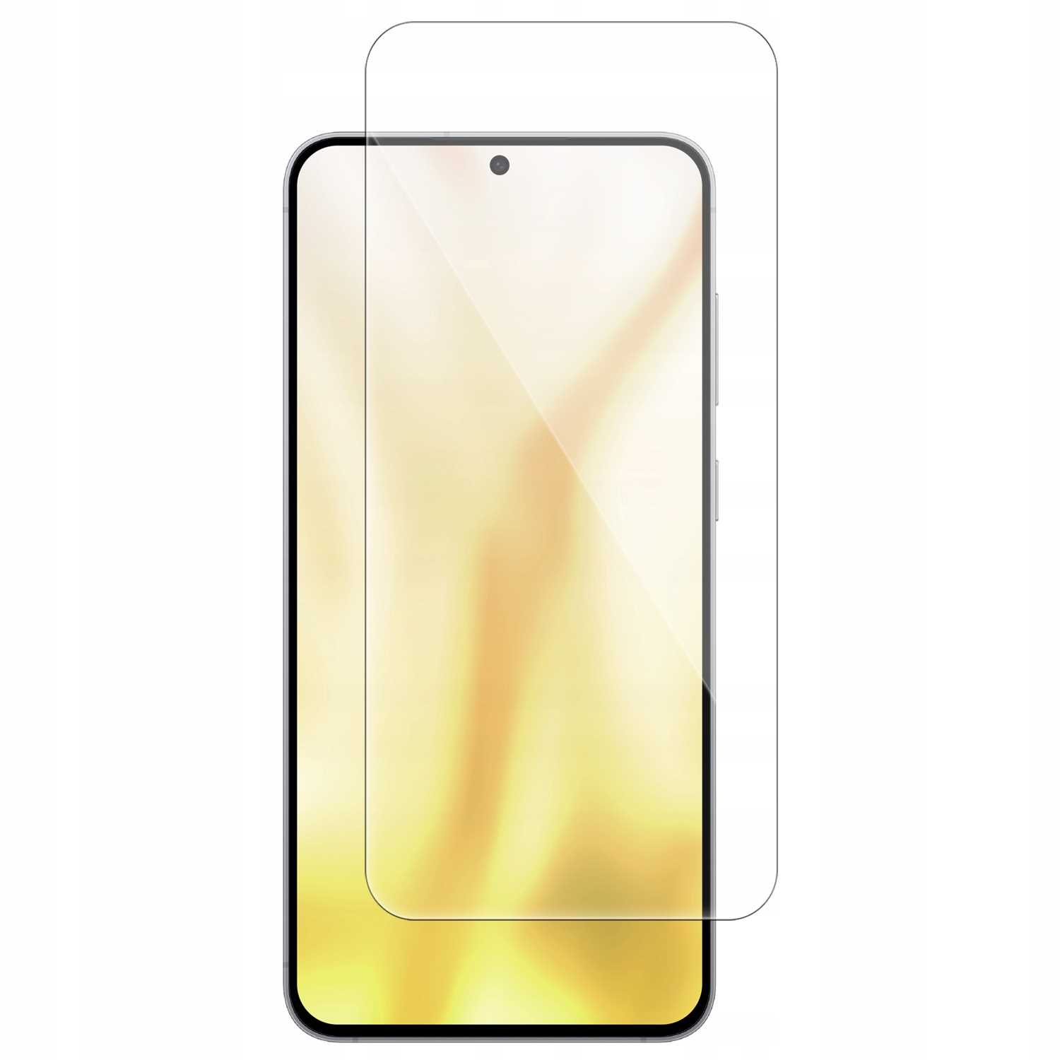 Smartfon z nałożonym ochraniaczem ekranu. Telefon jest czarny z złotym gradientem. Przezroczysty ochraniacz ekranu zakrywa telefon.